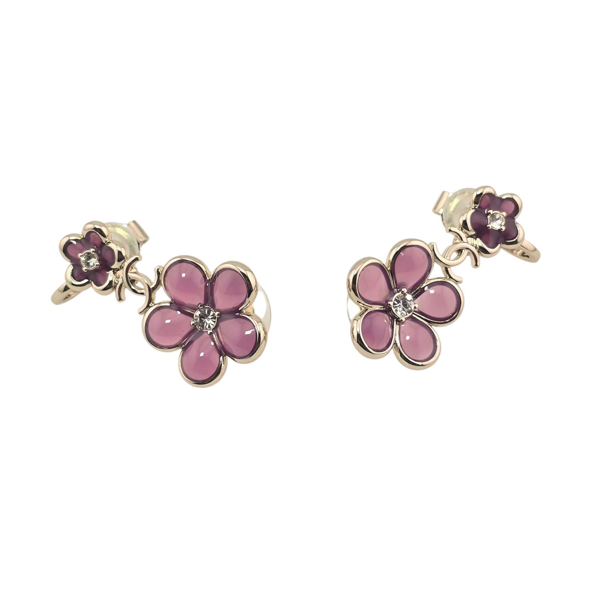 Chanel CC Pink Crystal Stud Climber Flower Earrings 2026 CHANEL