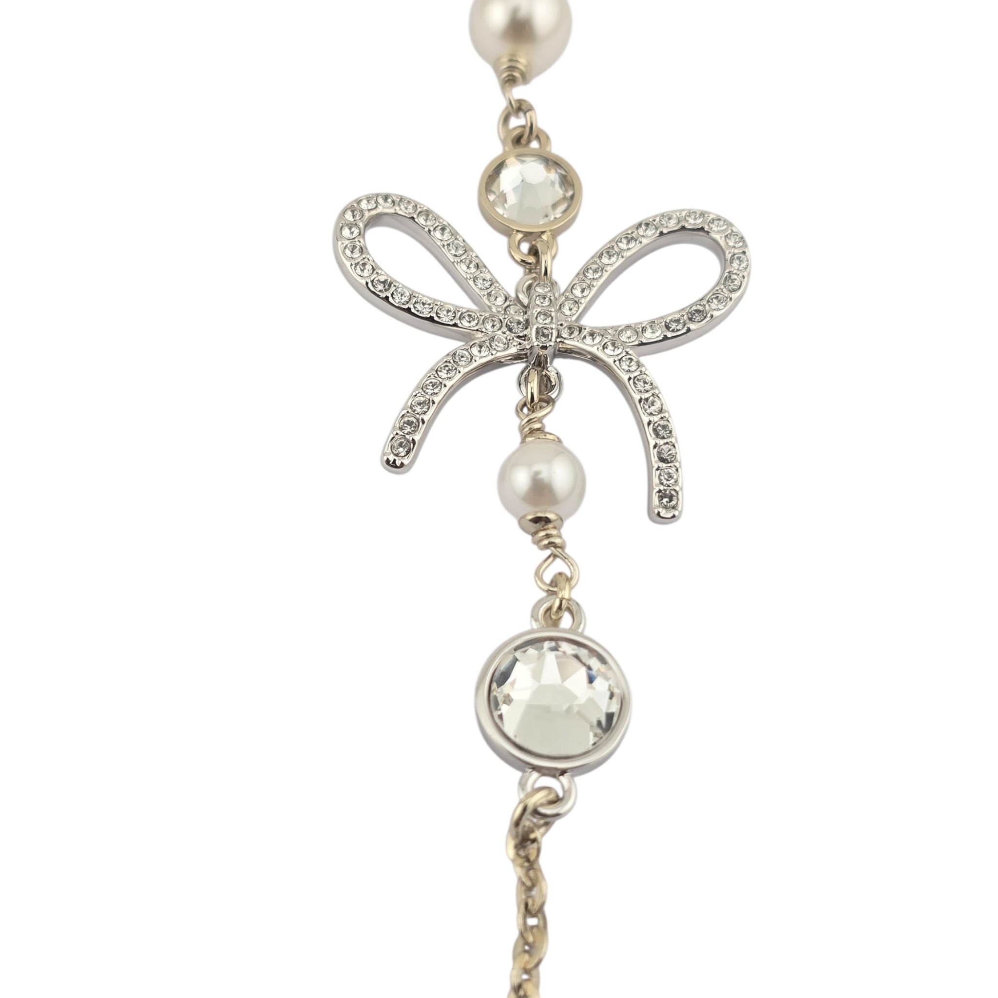 Chanel CC Gold Silver Bow Faux Pearl Long Necklace 2025 CHANEL