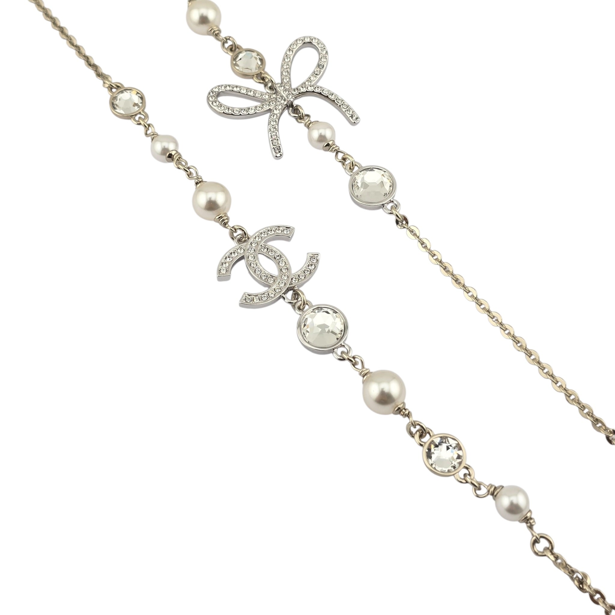 Chanel CC Gold Silver Bow Faux Pearl Long Necklace 2025 CHANEL