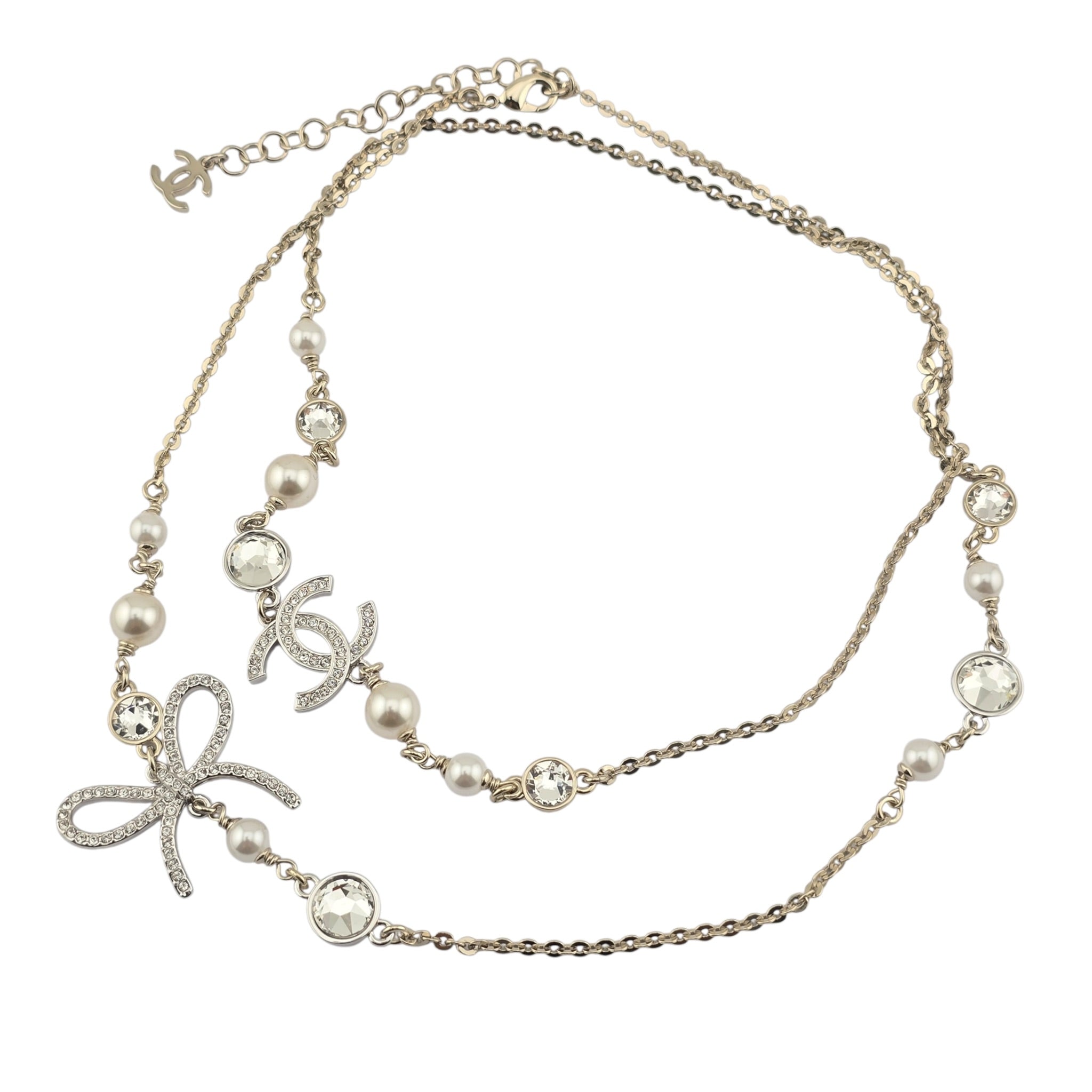 Chanel CC Gold Silver Bow Faux Pearl Long Necklace 2025 CHANEL