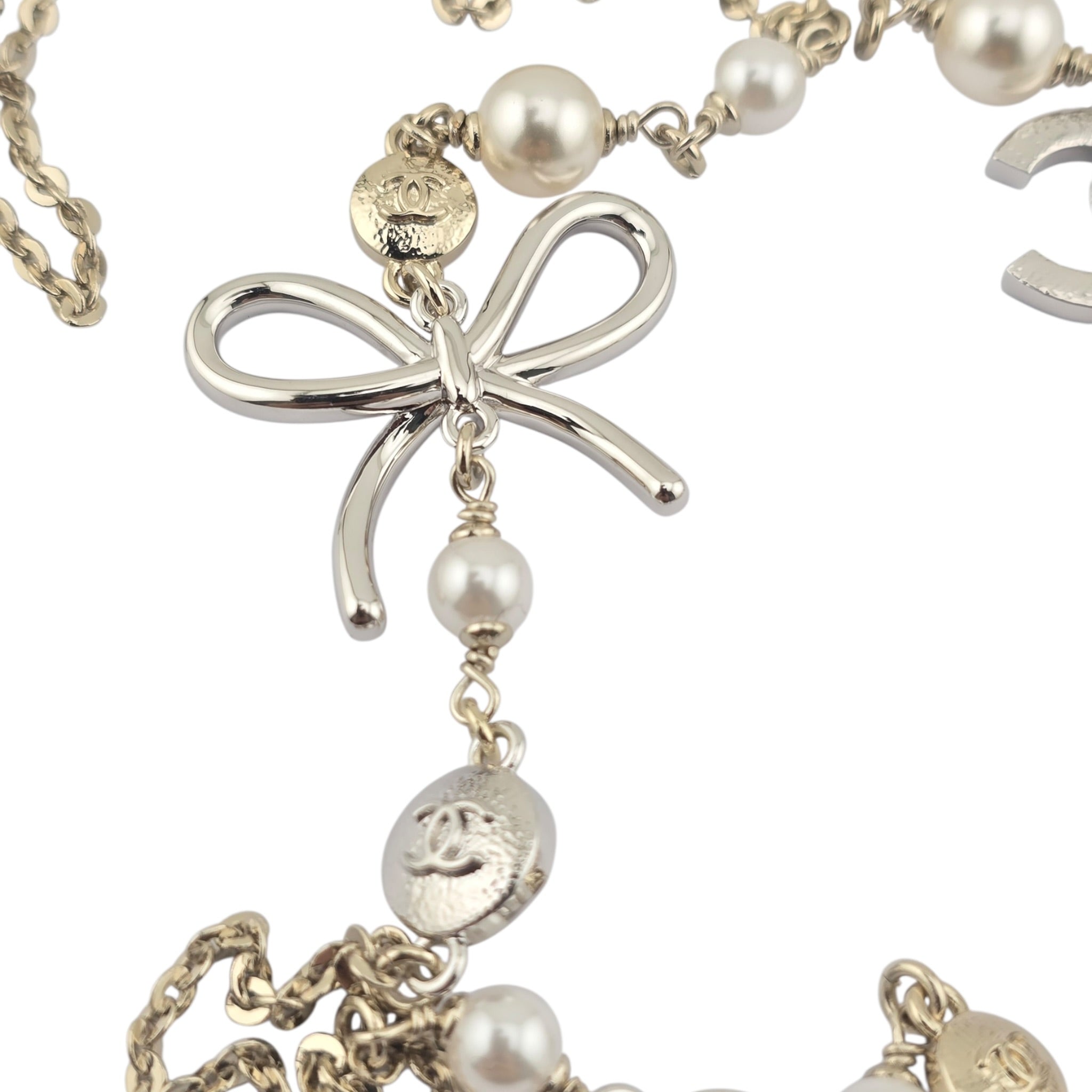 Chanel CC Gold Silver Bow Faux Pearl Long Necklace 2025 CHANEL
