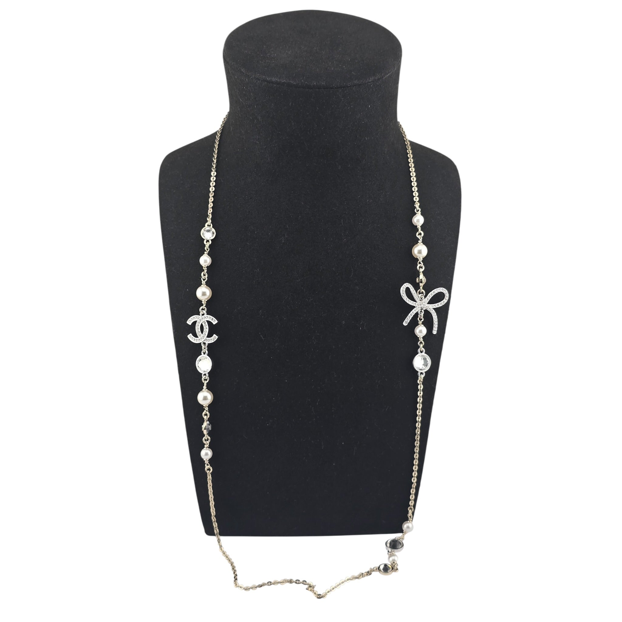 Chanel CC Gold Silver Bow Faux Pearl Long Necklace 2025 CHANEL