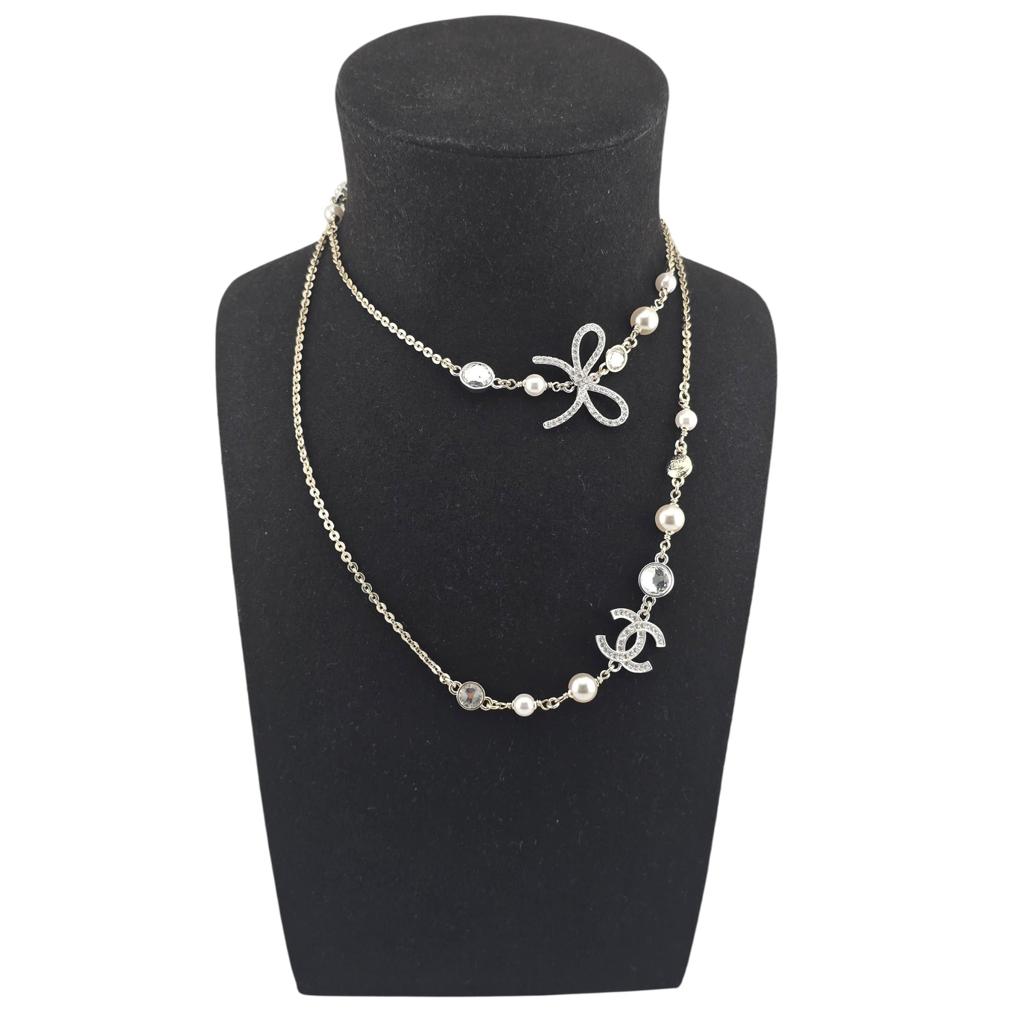 Chanel CC Gold Silver Bow Faux Pearl Long Necklace 2025 CHANEL