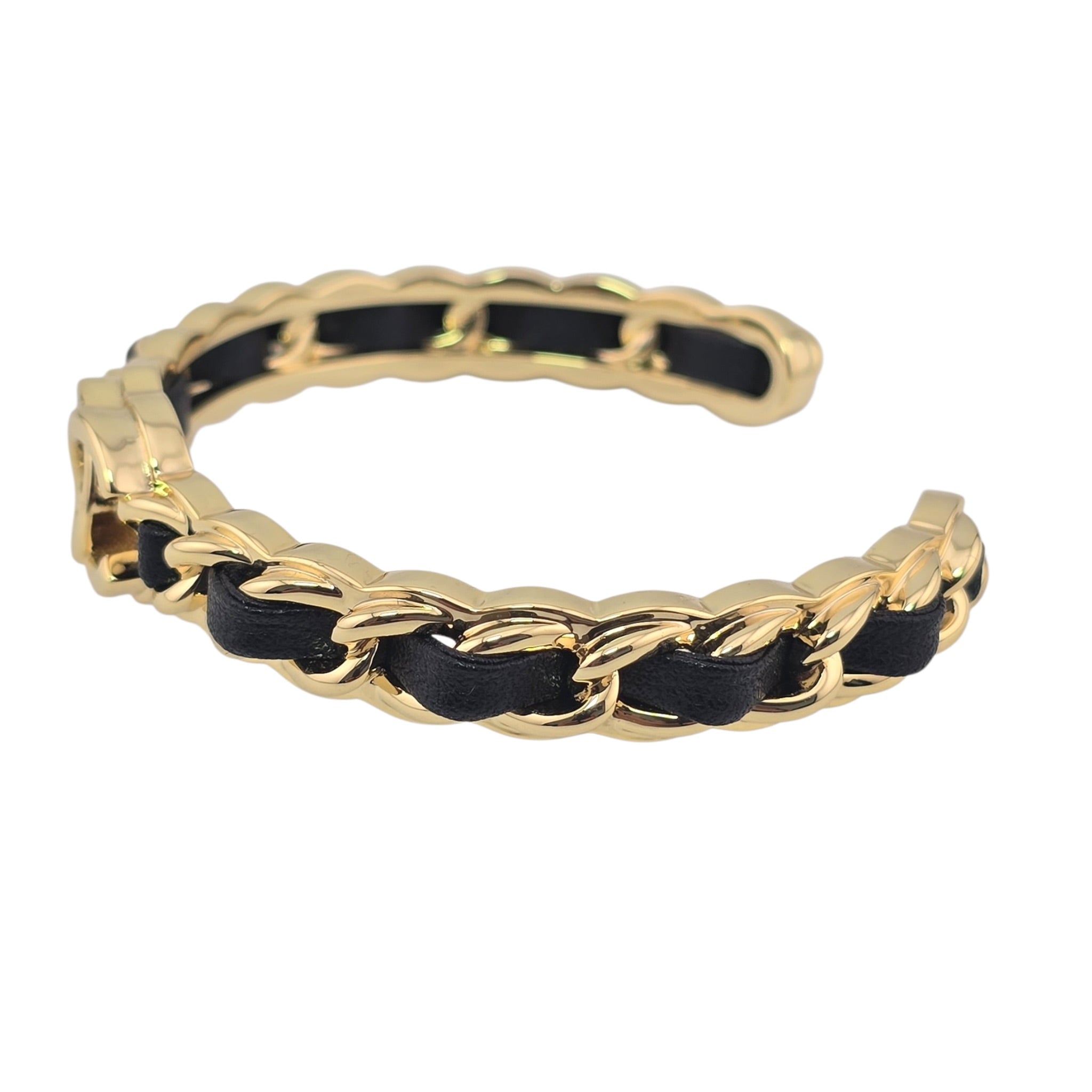 Chanel CC Gold Black Leather Cuff Bracelet 2026 CHANEL