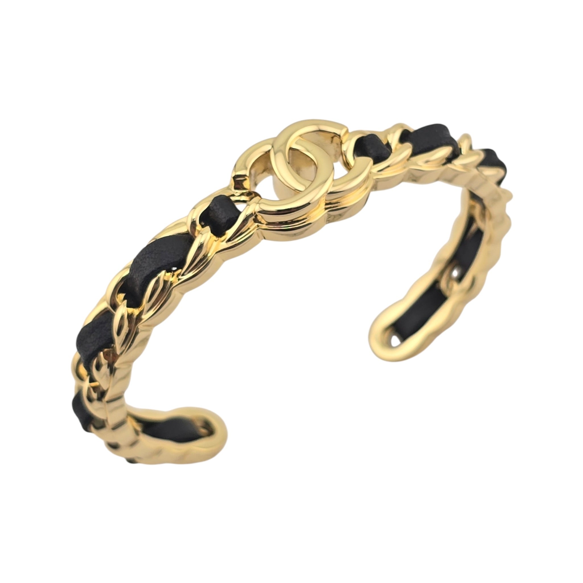 Chanel CC Gold Black Leather Cuff Bracelet 2026 CHANEL