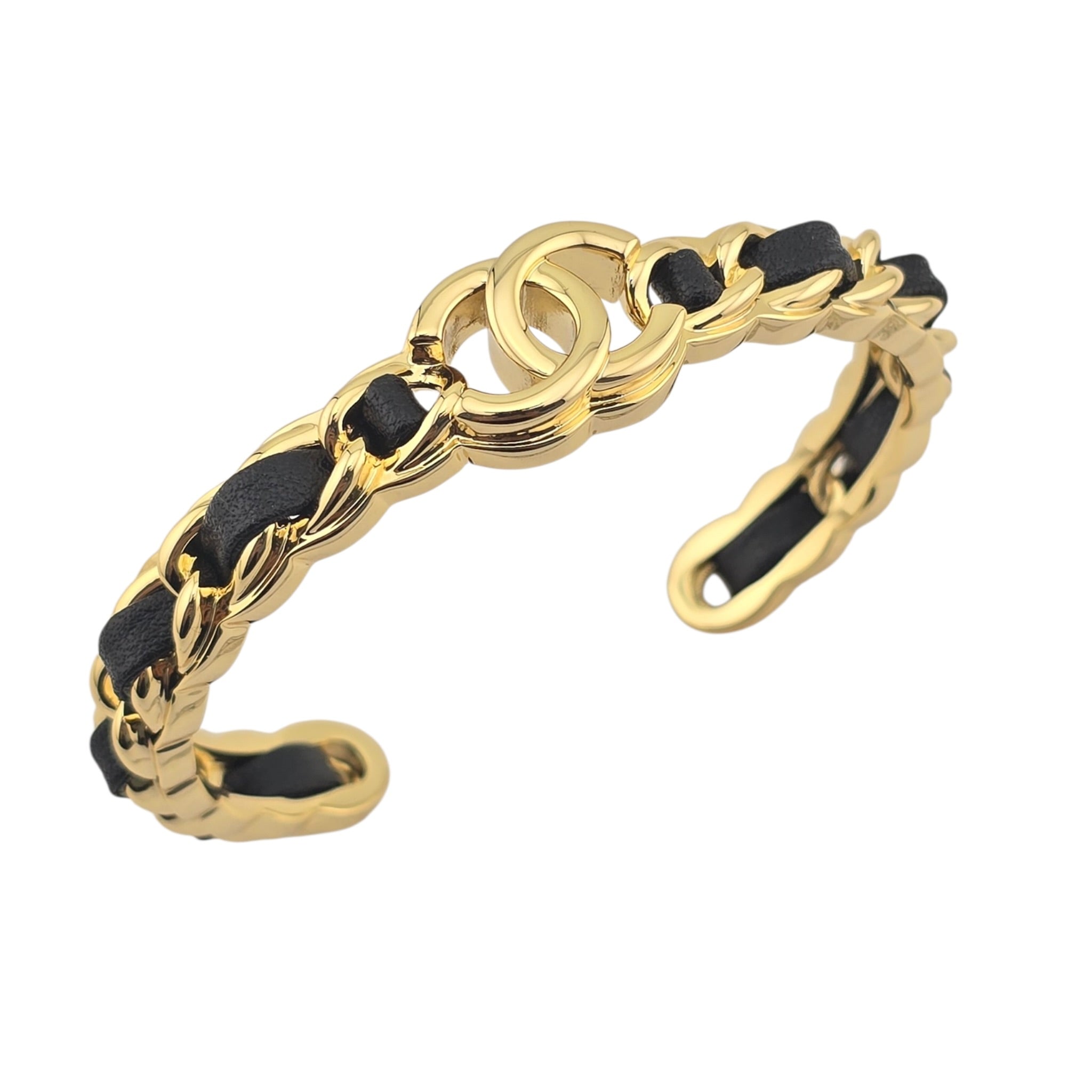 Chanel CC Gold Black Leather Cuff Bracelet 2026 CHANEL