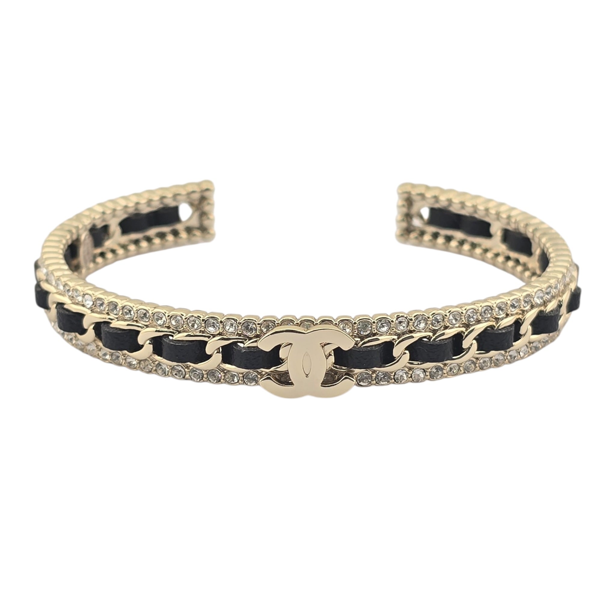 Chanel CC Gold Black Leather Crystal Cuff Bracelet 2022 CHANEL
