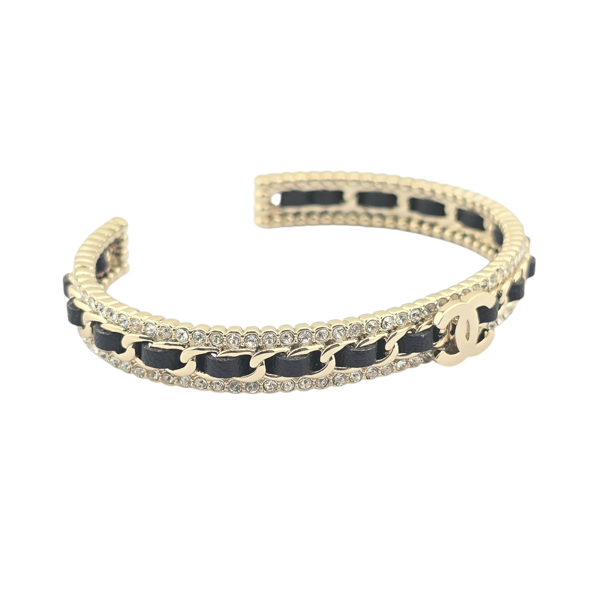 Chanel CC Gold Black Leather Crystal Cuff Bracelet 2022 CHANEL