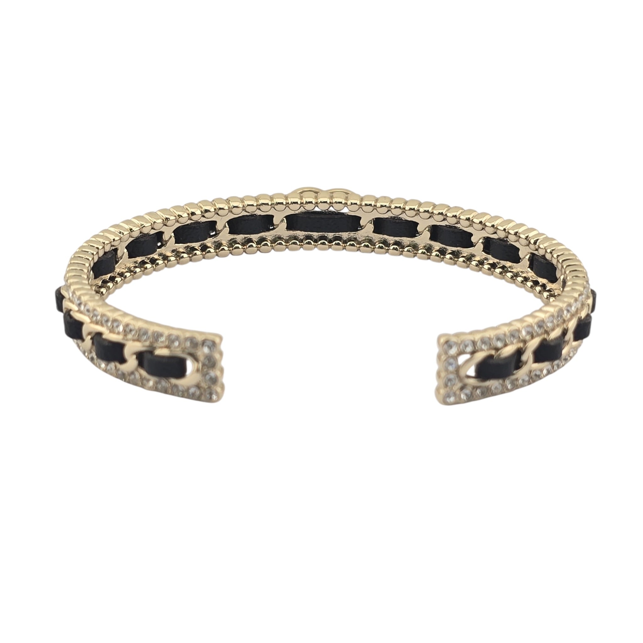 Chanel CC Gold Black Leather Crystal Cuff Bracelet 2022 CHANEL