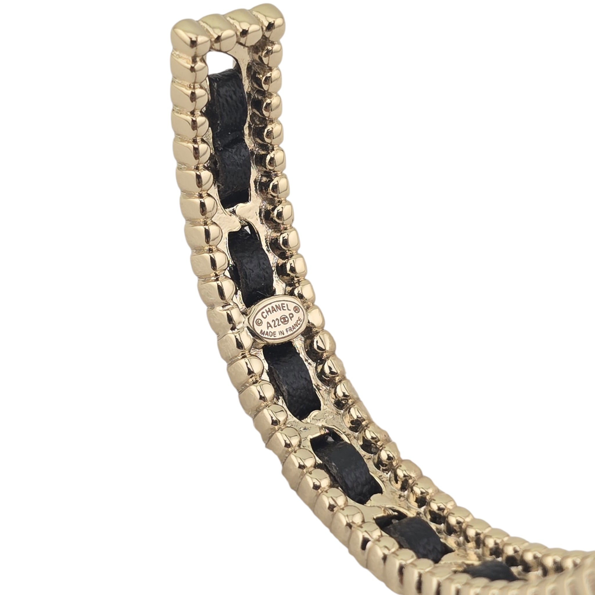Chanel CC Gold Black Leather Crystal Cuff Bracelet 2022 CHANEL