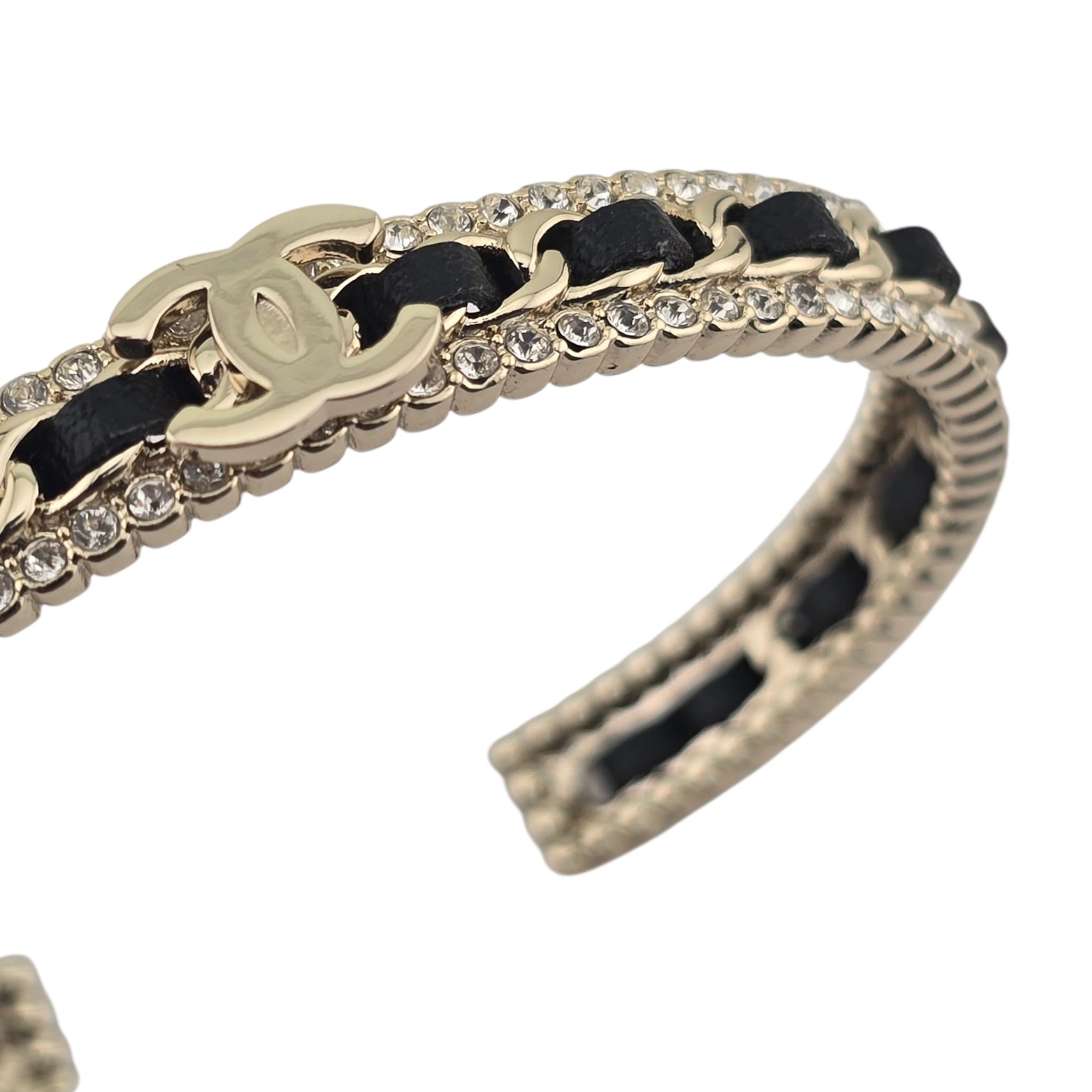 Chanel CC Gold Black Leather Crystal Cuff Bracelet 2022 CHANEL