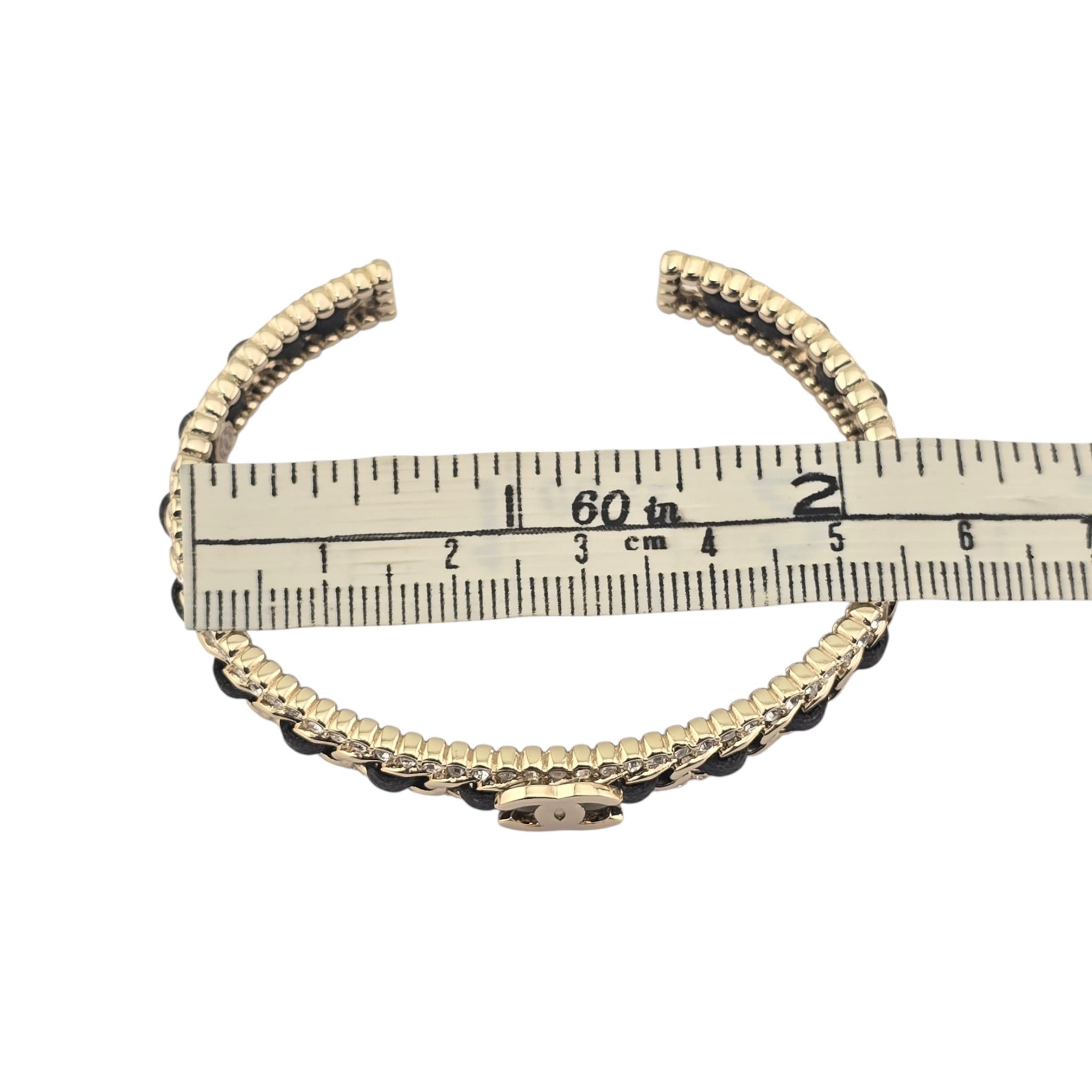 Chanel CC Gold Black Leather Crystal Cuff Bracelet 2022 CHANEL