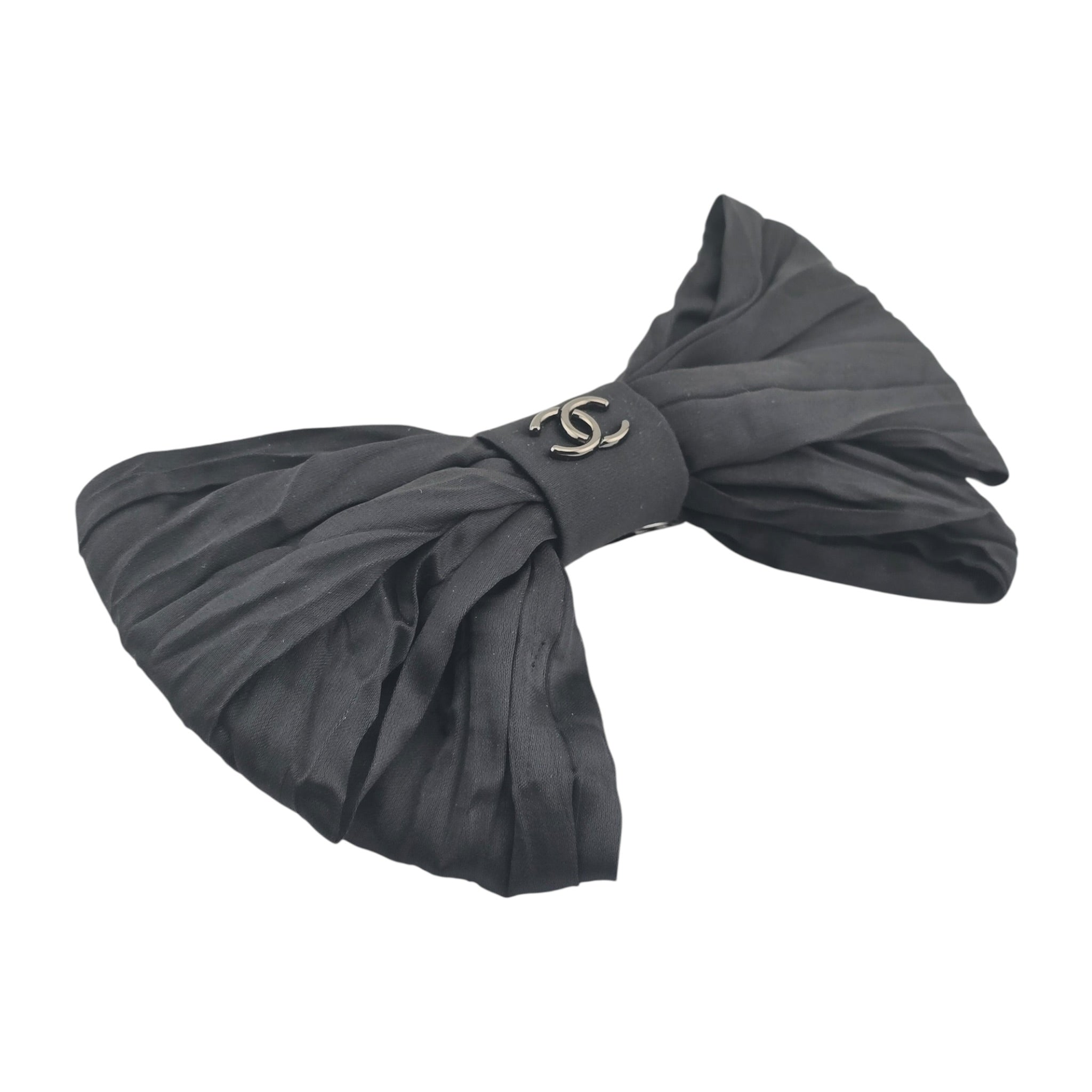 Chanel CC Silk Hair Barrette Bow Clip Black Gold CHANEL