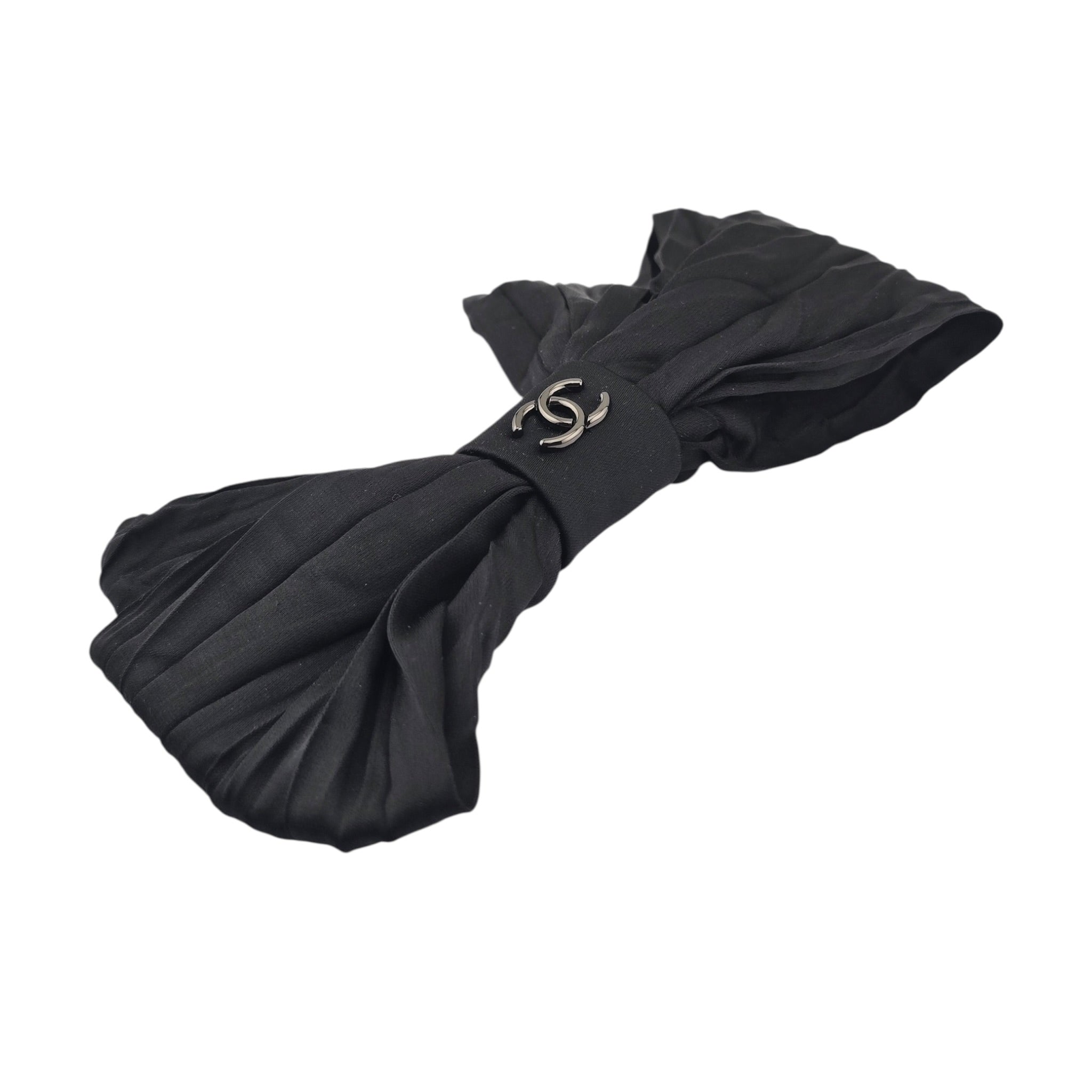 Chanel CC Silk Hair Barrette Bow Clip Black Gold CHANEL