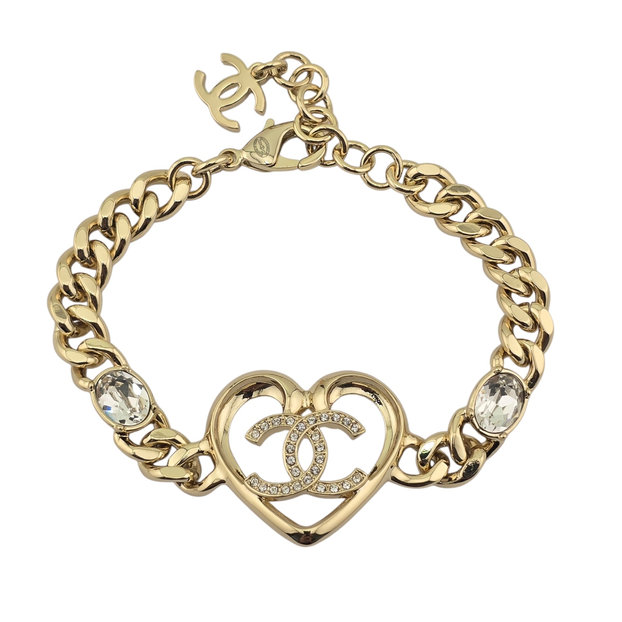 Chanel CC Strass Heart Gold Chain Link Bracelet 2023 CHANEL