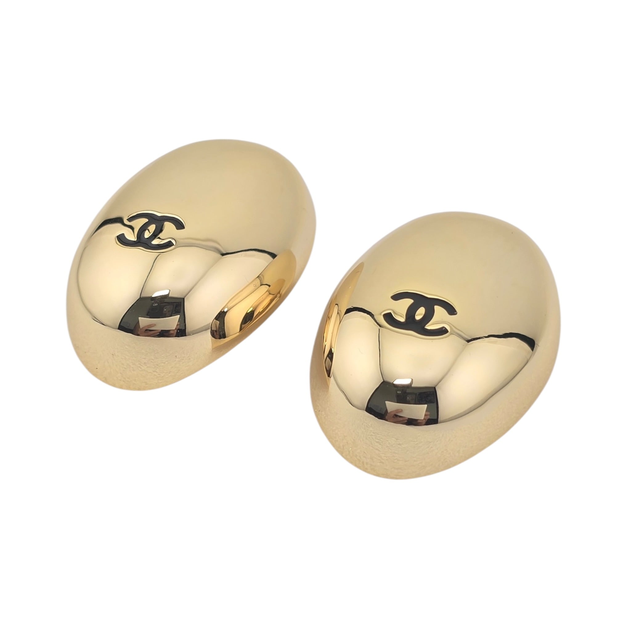 Chanel CC Metal Resin Oval Drop Earrings Gold Black CHANEL