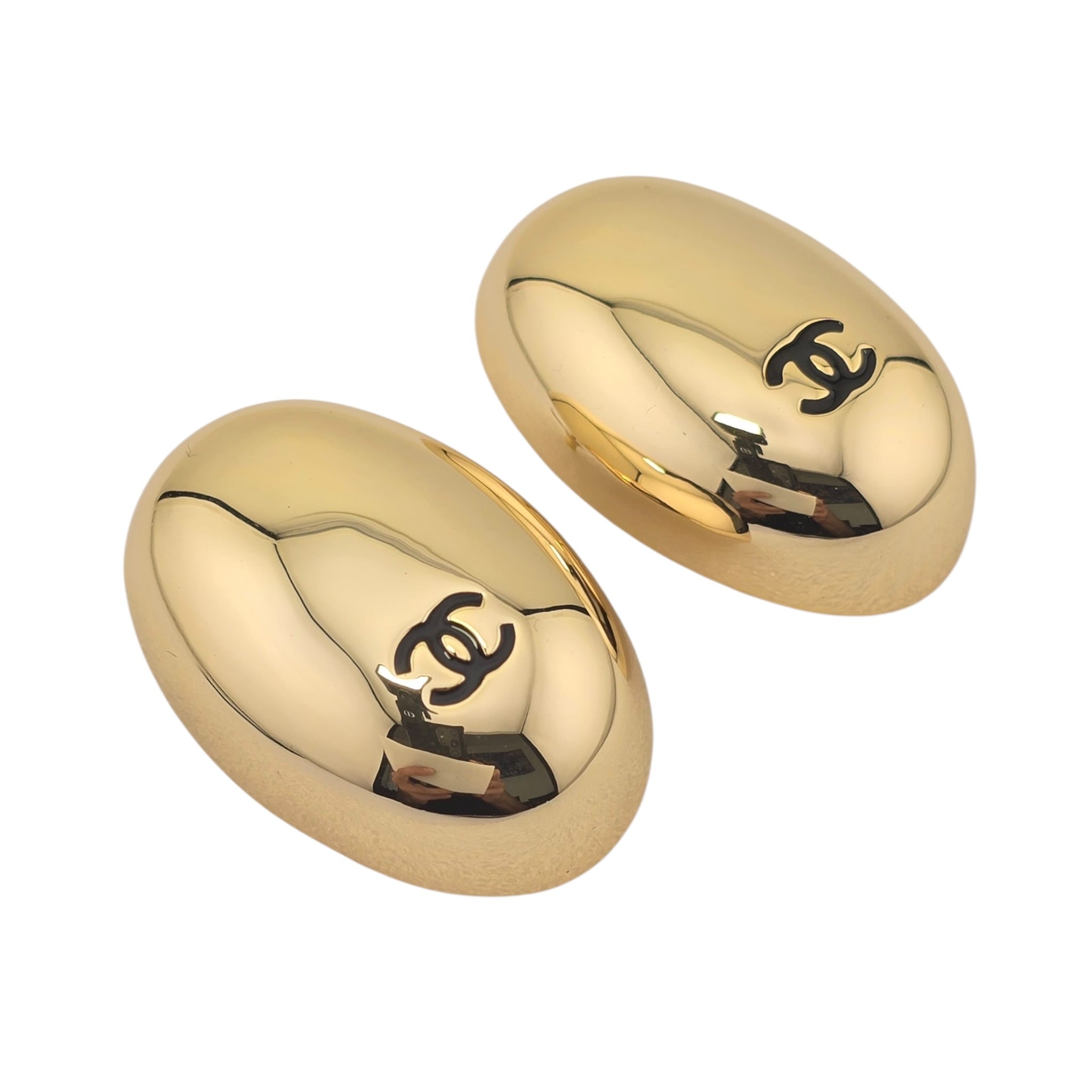 Chanel CC Metal Resin Oval Drop Earrings Gold Black CHANEL