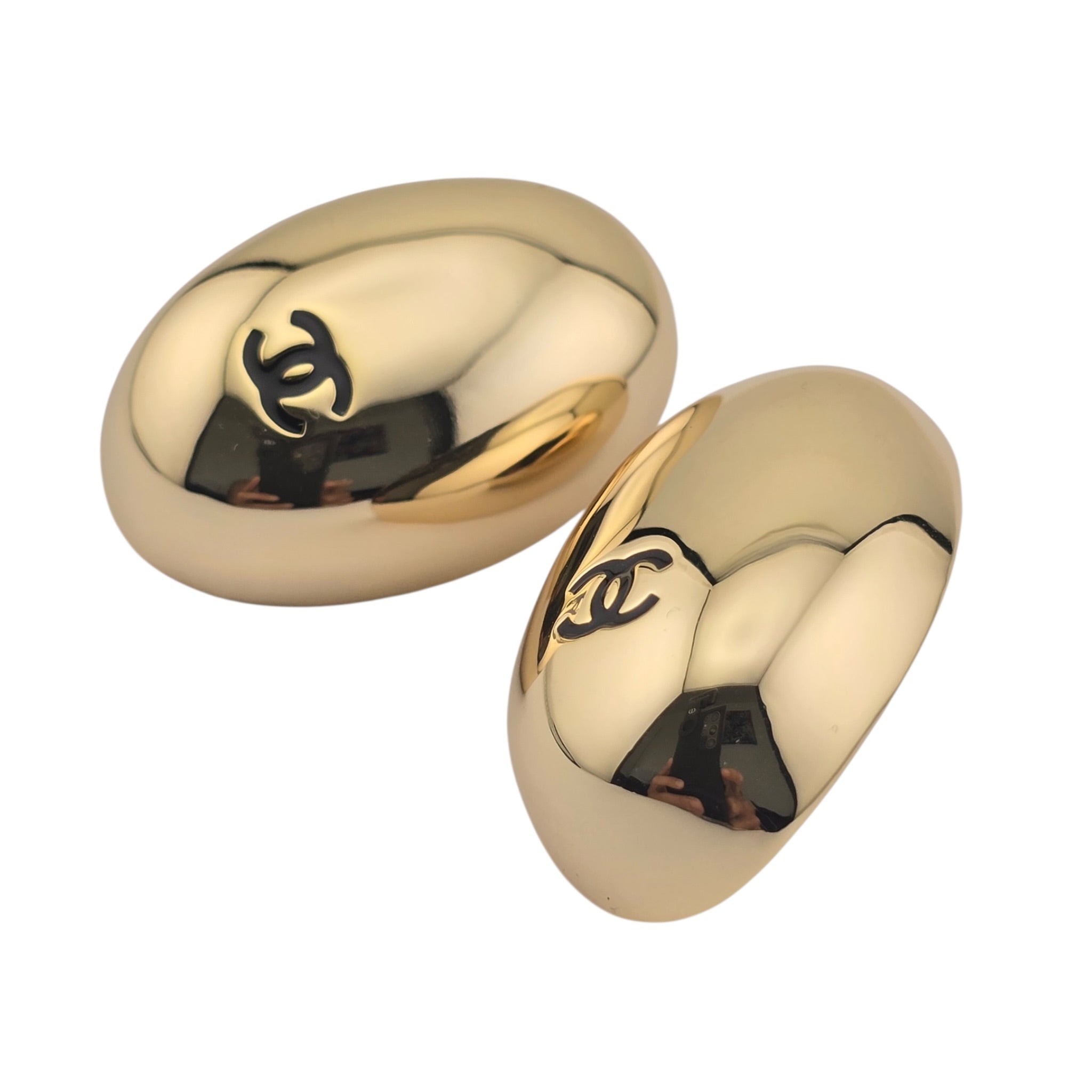 Chanel CC Metal Resin Oval Drop Earrings Gold Black CHANEL