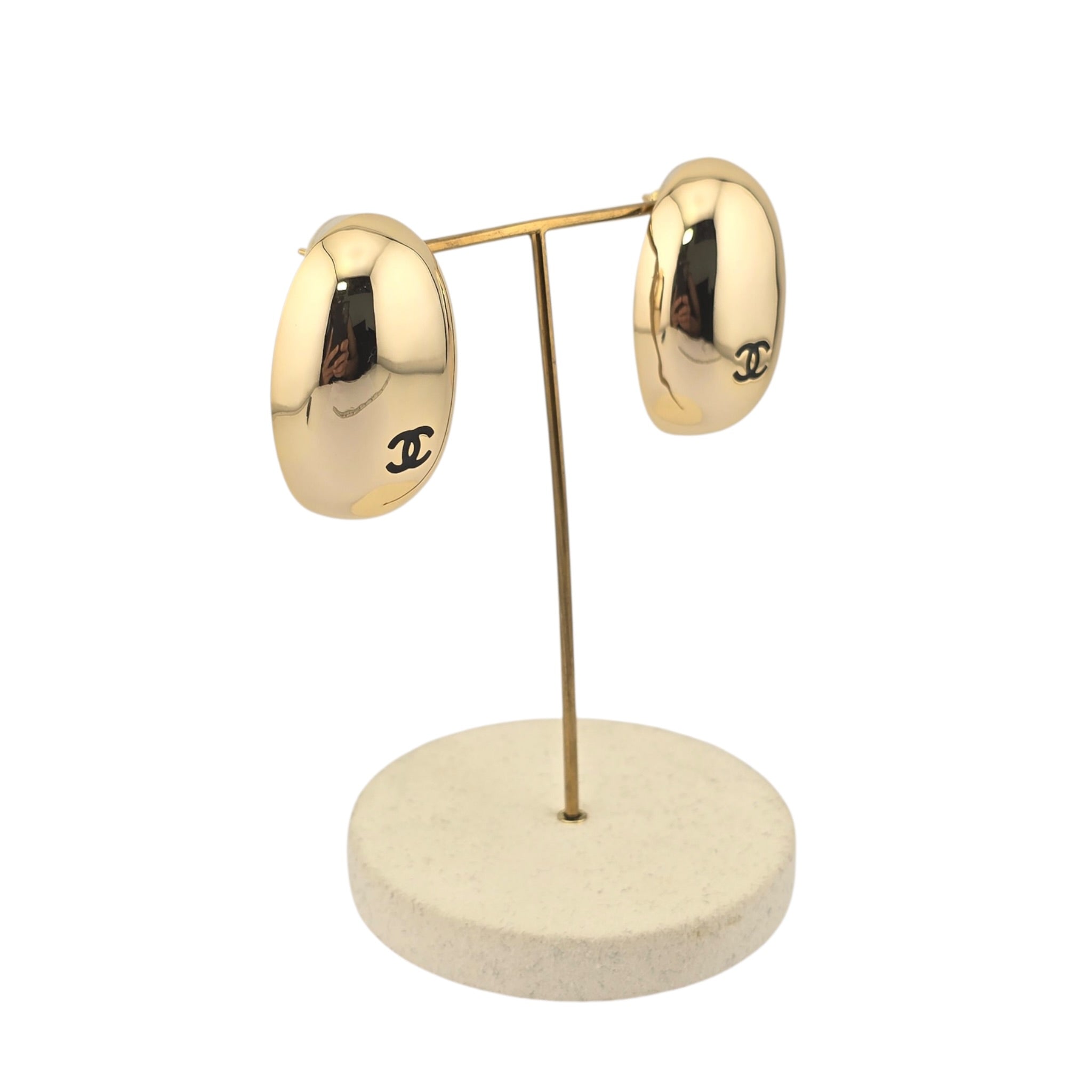Chanel CC Metal Resin Oval Drop Earrings Gold Black CHANEL