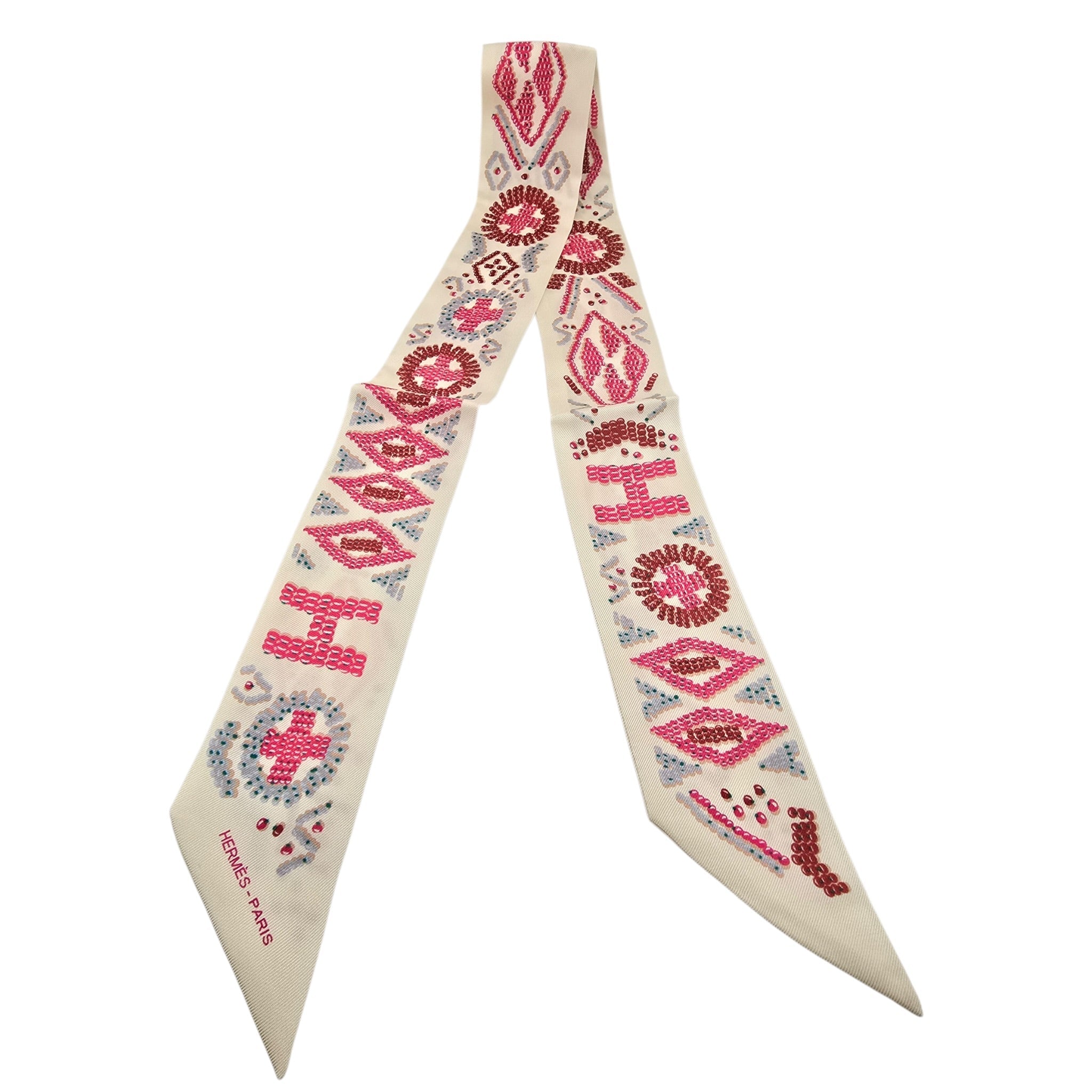Hermes Silk Kelly En Perles Twilly Creme Framboise HERMES