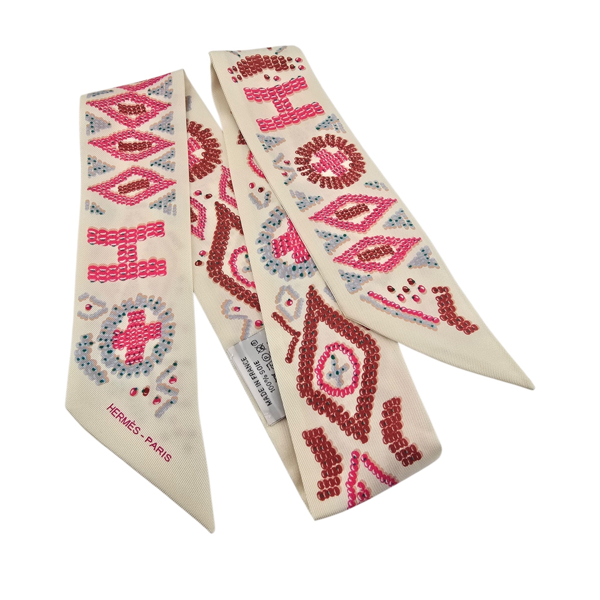 Hermes Silk Kelly En Perles Twilly Creme Framboise HERMES
