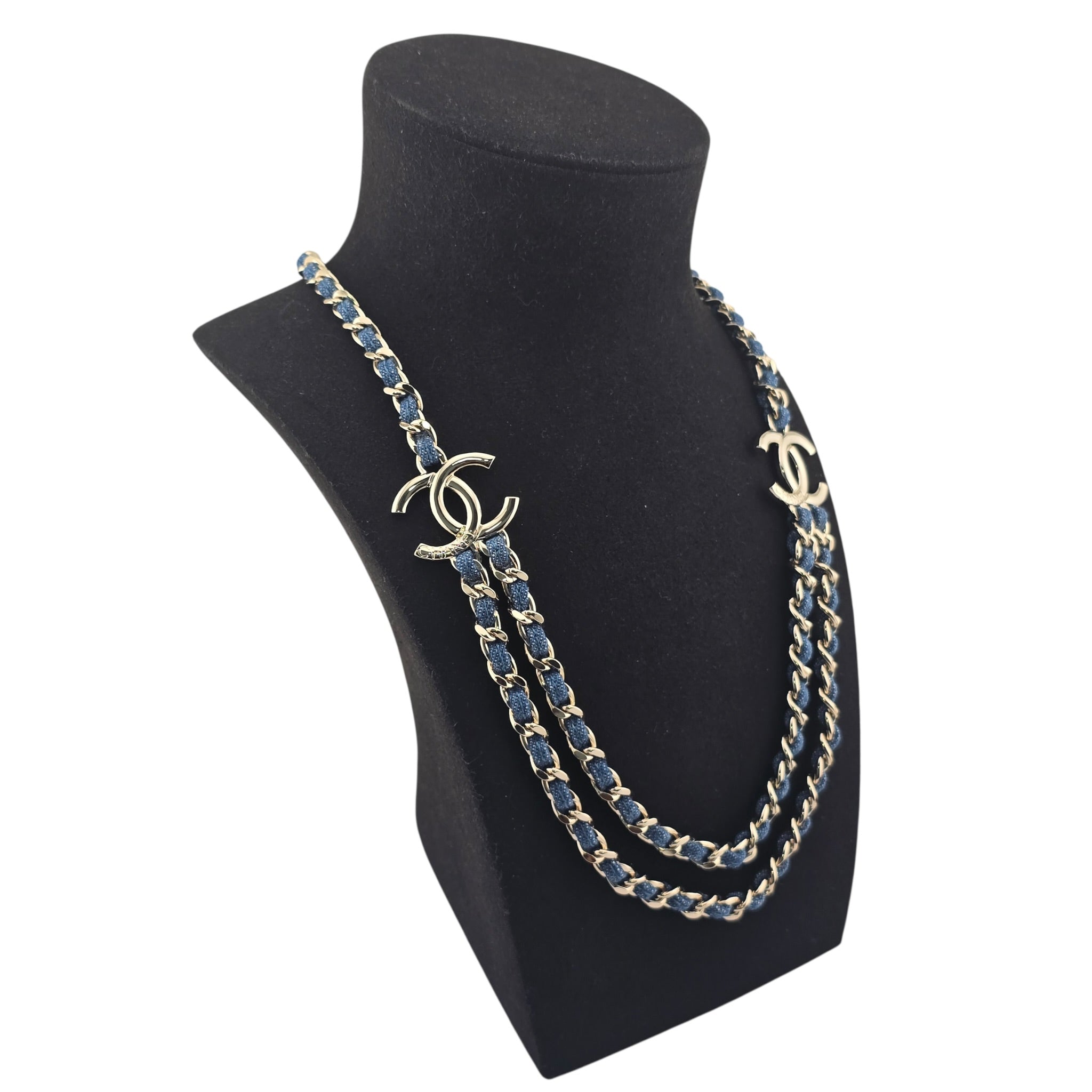 Chanel CC Blue Denim Gold Double Chain Necklace 2025 CHANEL