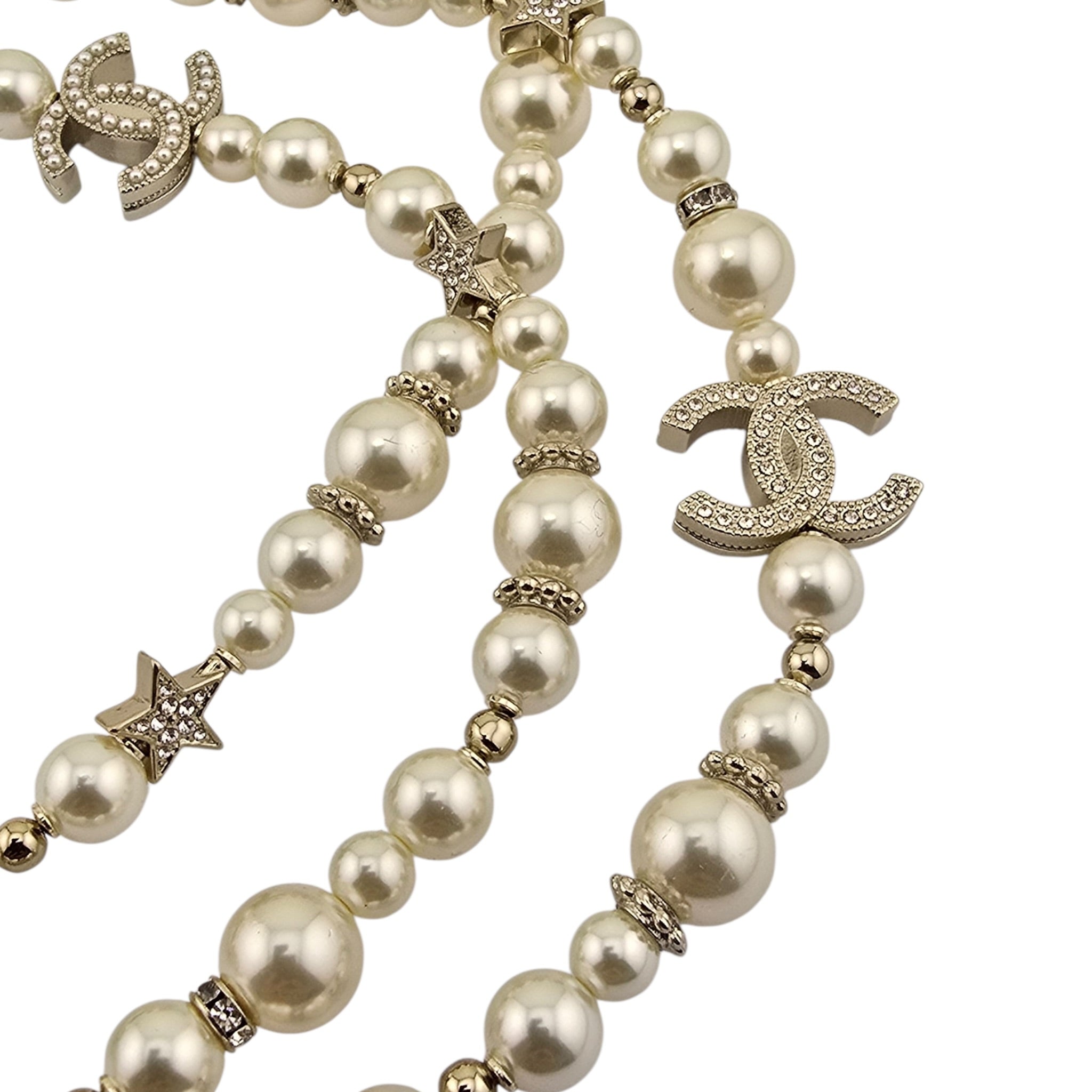 Chanel CC Long Faux Pearl Necklace Star Crystals 2025 CHANEL