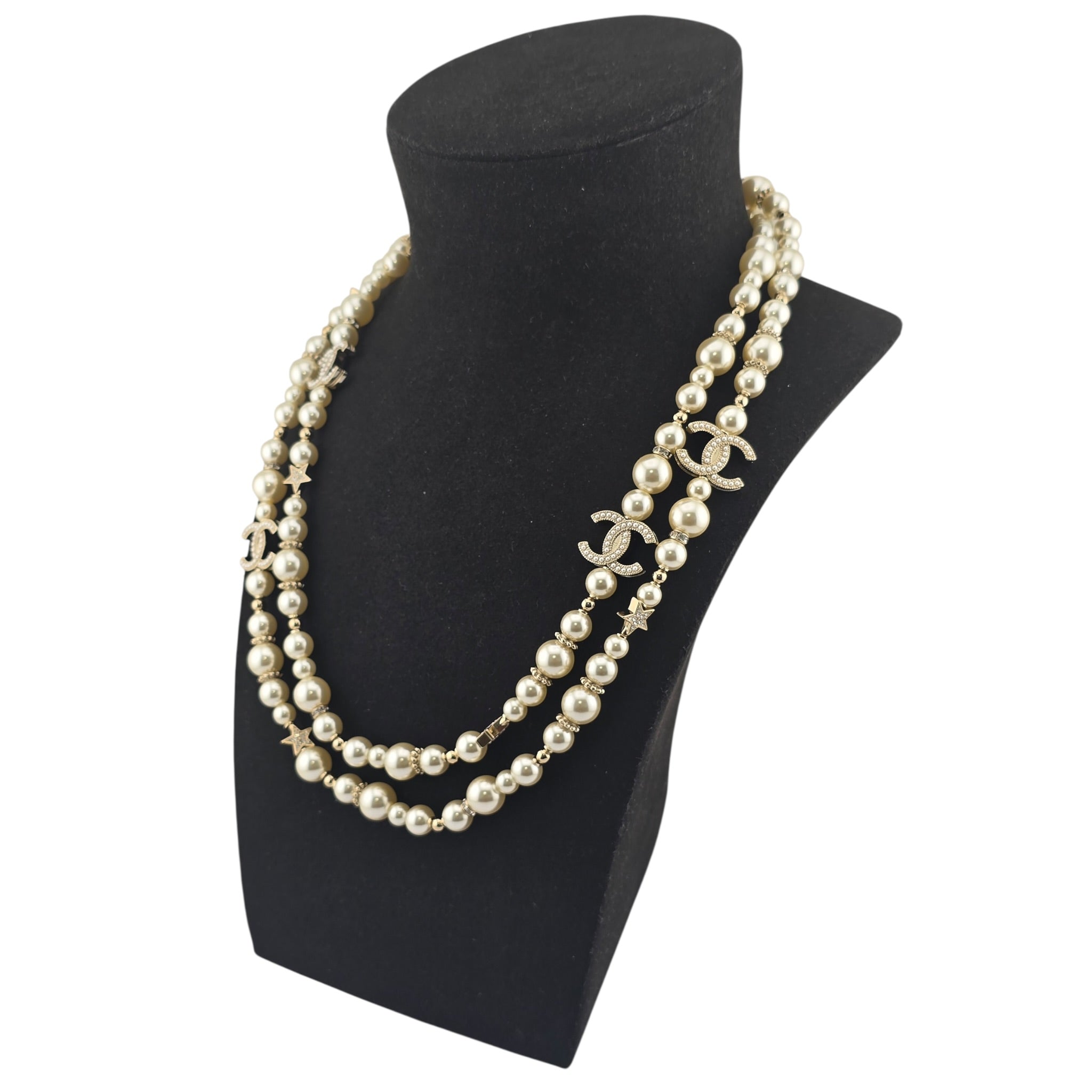 Chanel CC Long Faux Pearl Necklace Star Crystals 2025 CHANEL