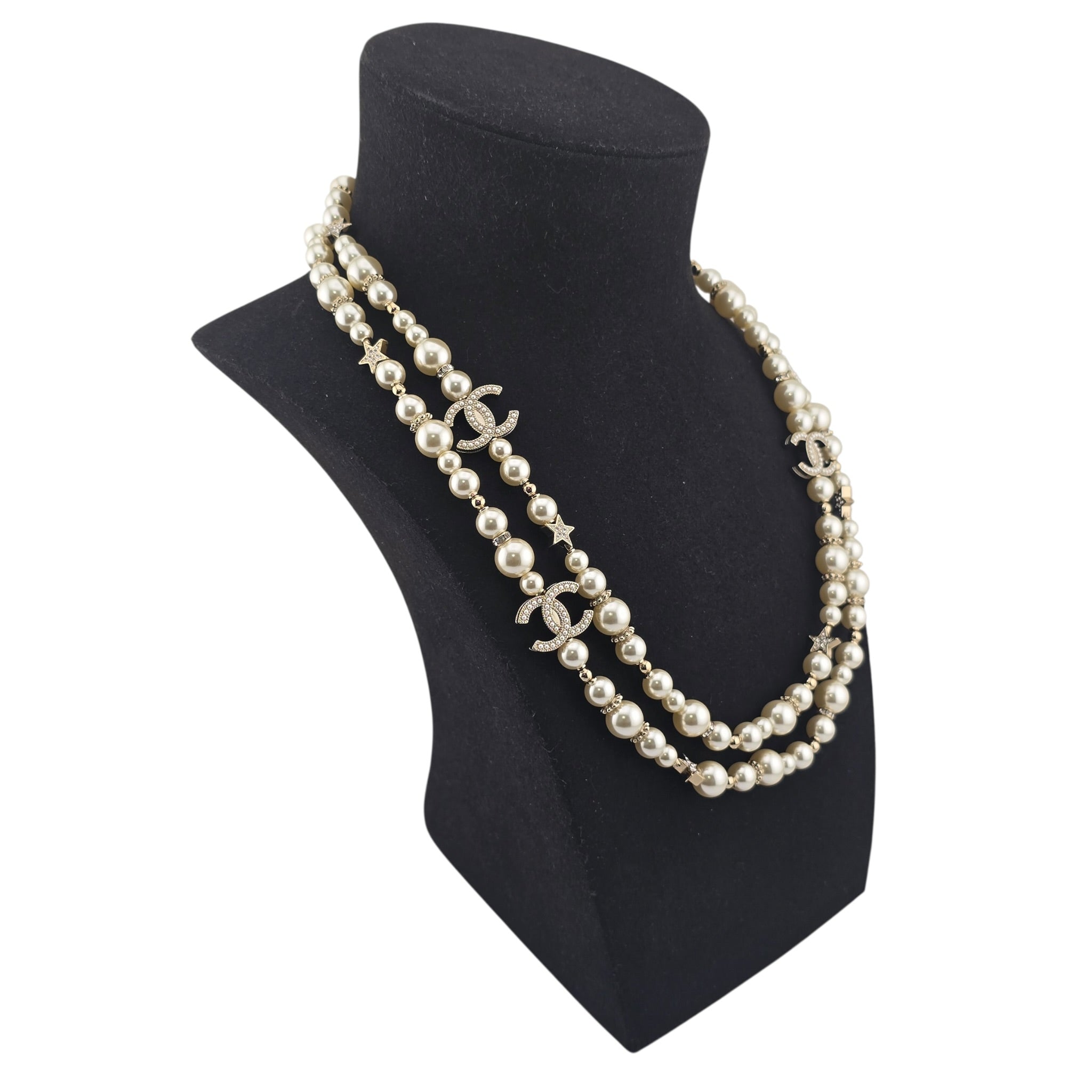 Chanel CC Long Faux Pearl Necklace Star Crystals 2025 CHANEL