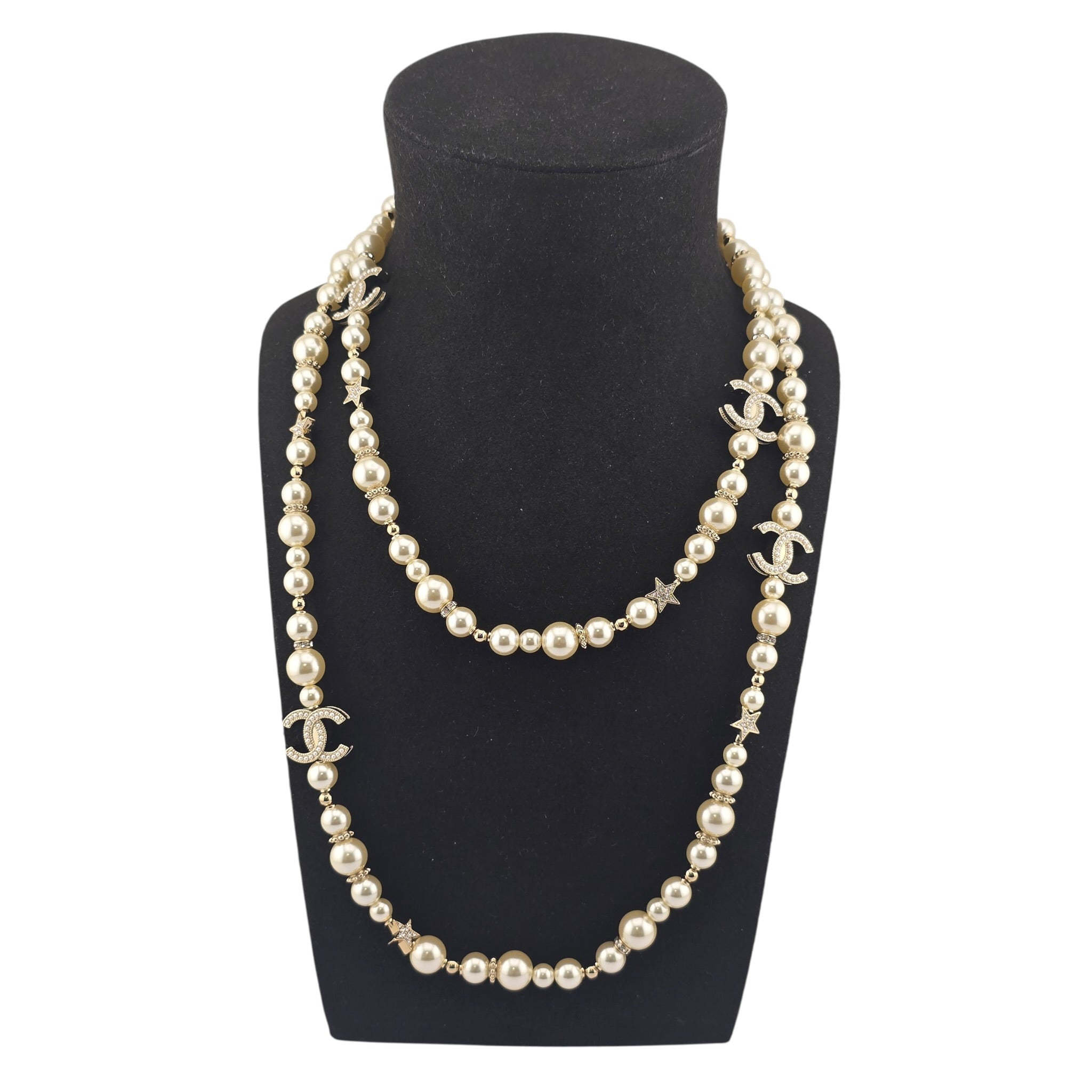 Chanel CC Long Faux Pearl Necklace Star Crystals 2025 CHANEL