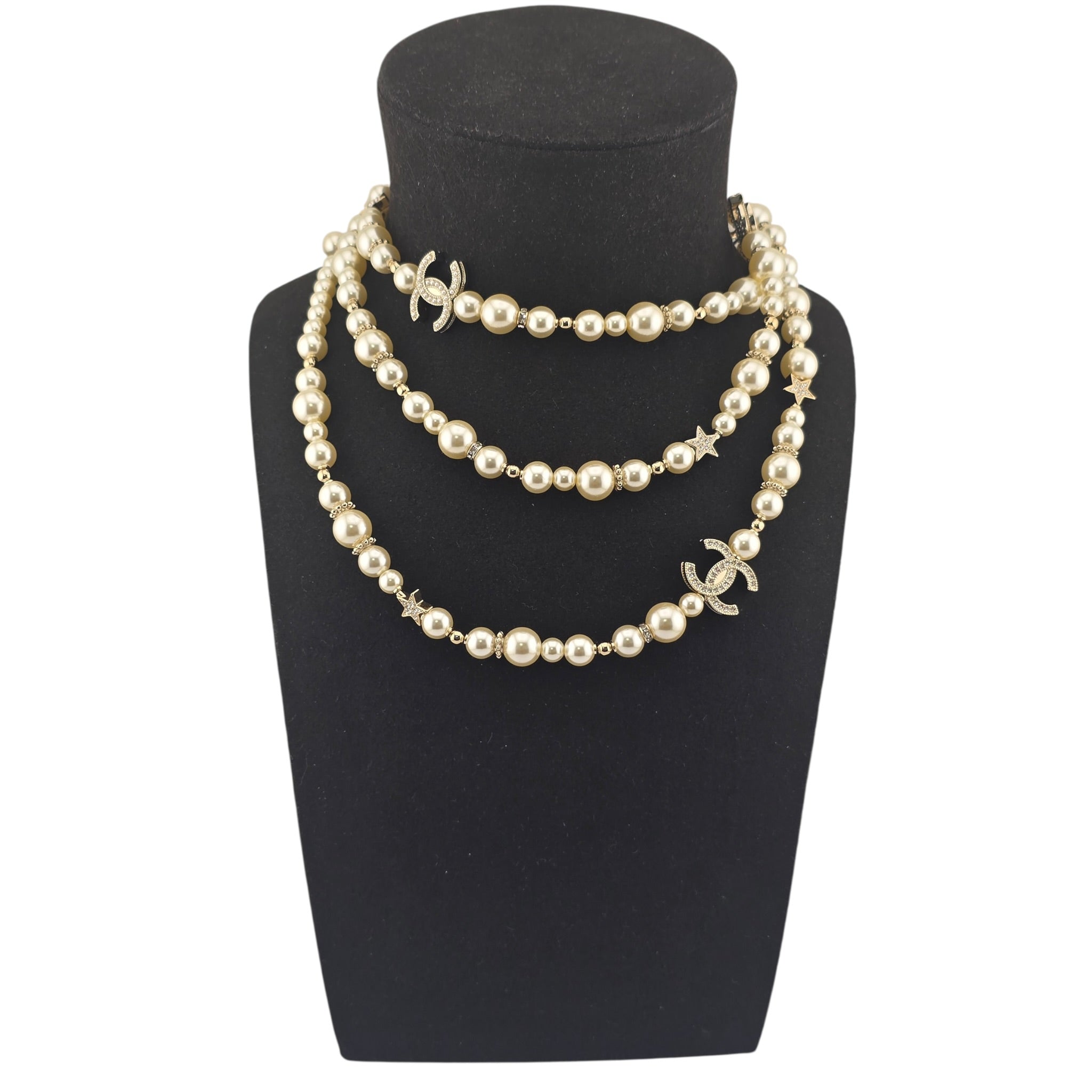 Chanel CC Long Faux Pearl Necklace Star Crystals 2025 CHANEL
