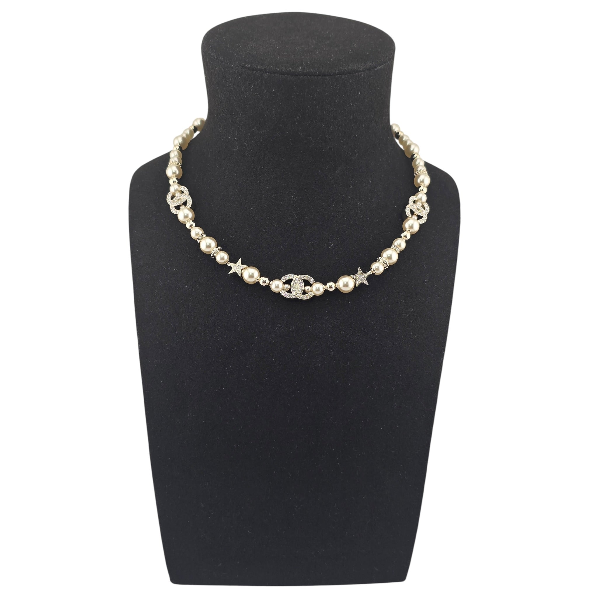 Chanel CC Gold Faux Pearl Star Crystal Choker Necklace 2023 CHANEL