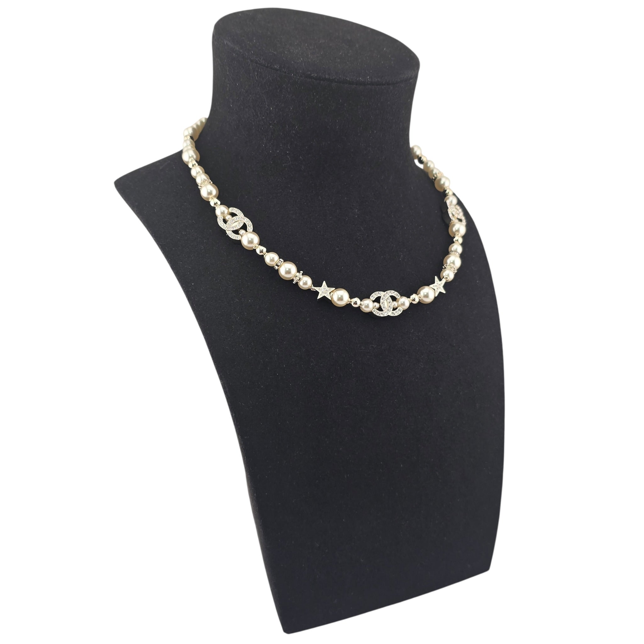 Chanel CC Gold Faux Pearl Star Crystal Choker Necklace 2023 CHANEL