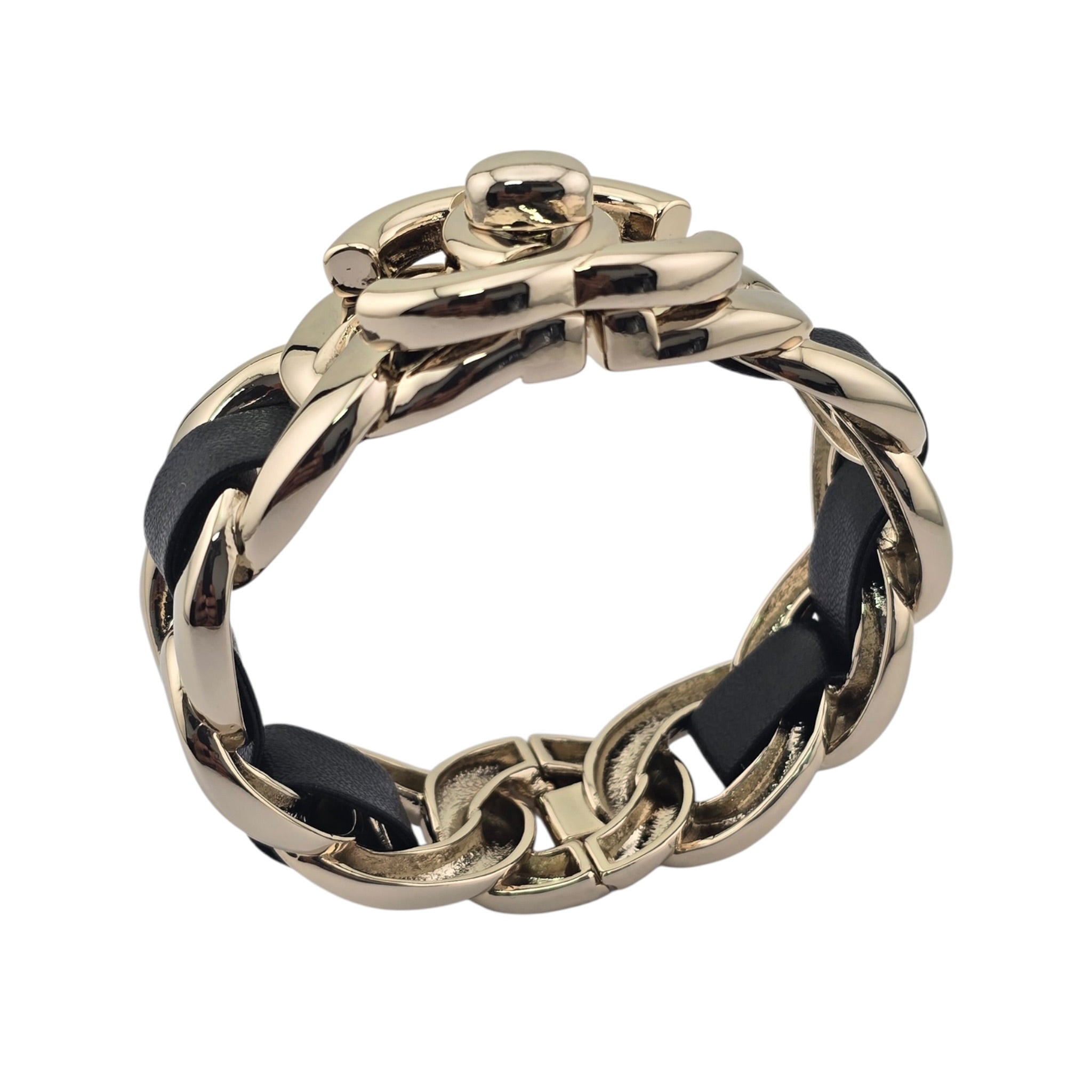 Chanel CC Turnlock Cuff Bangle Gold Lambskin Leather CHANEL