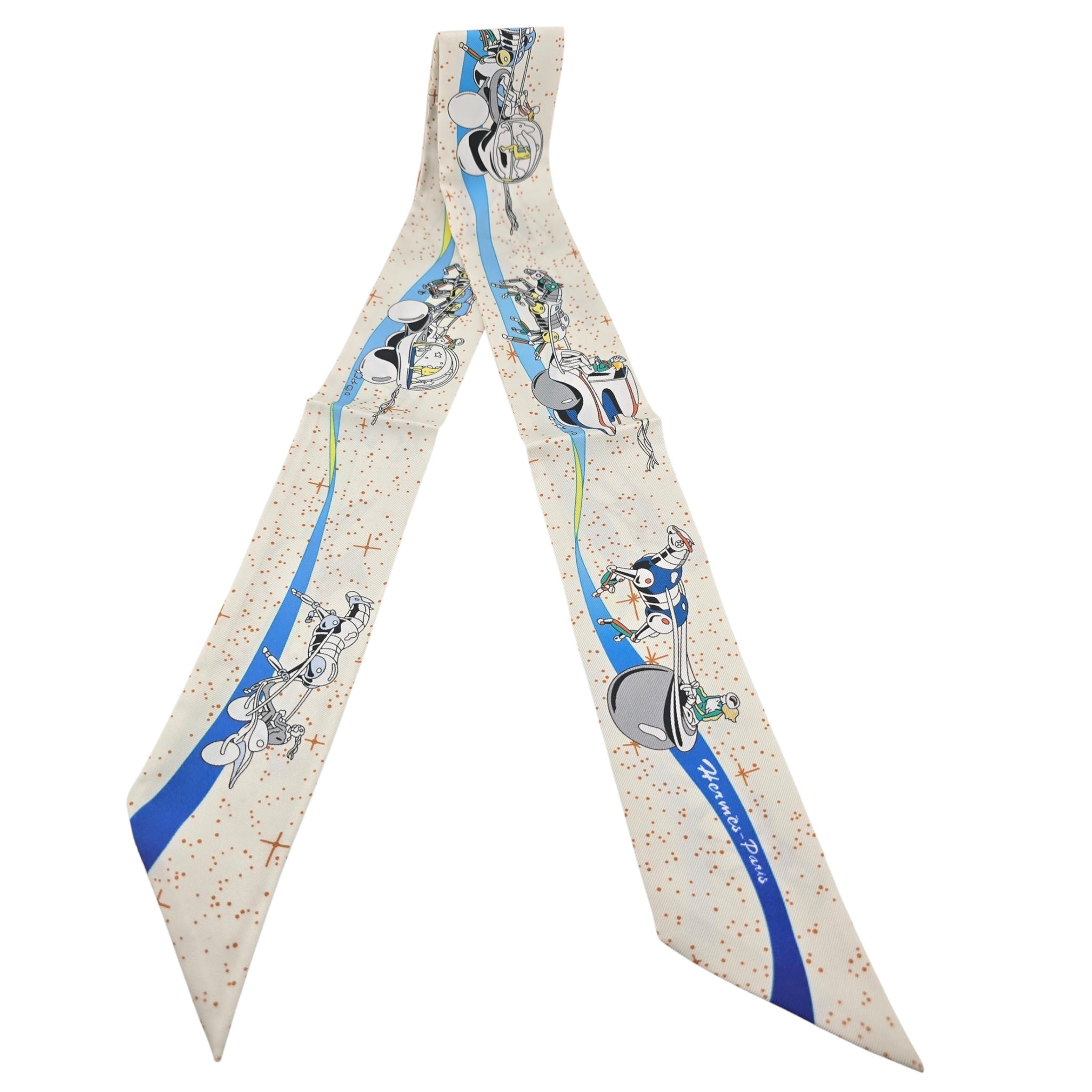 Hermes Silk Twilly  "Space Derby" Creme and Bleu Multi HERMES