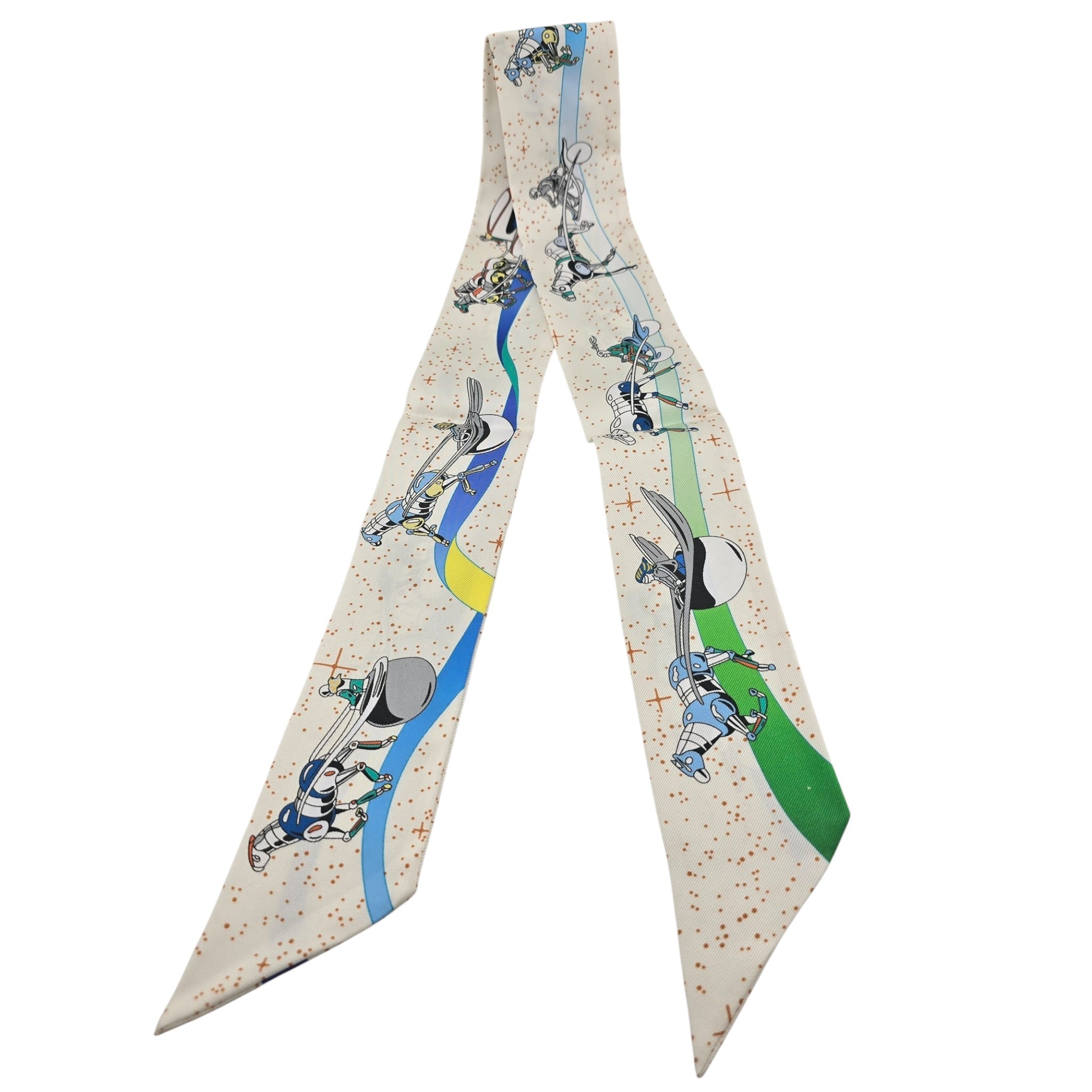 Hermes Silk Twilly  "Space Derby" Creme and Bleu Multi HERMES