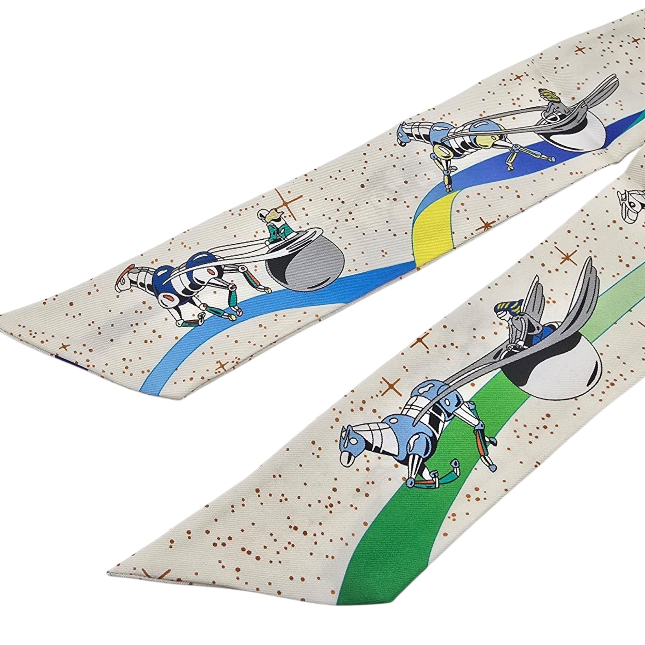 Hermes Silk Twilly  "Space Derby" Creme and Bleu Multi HERMES