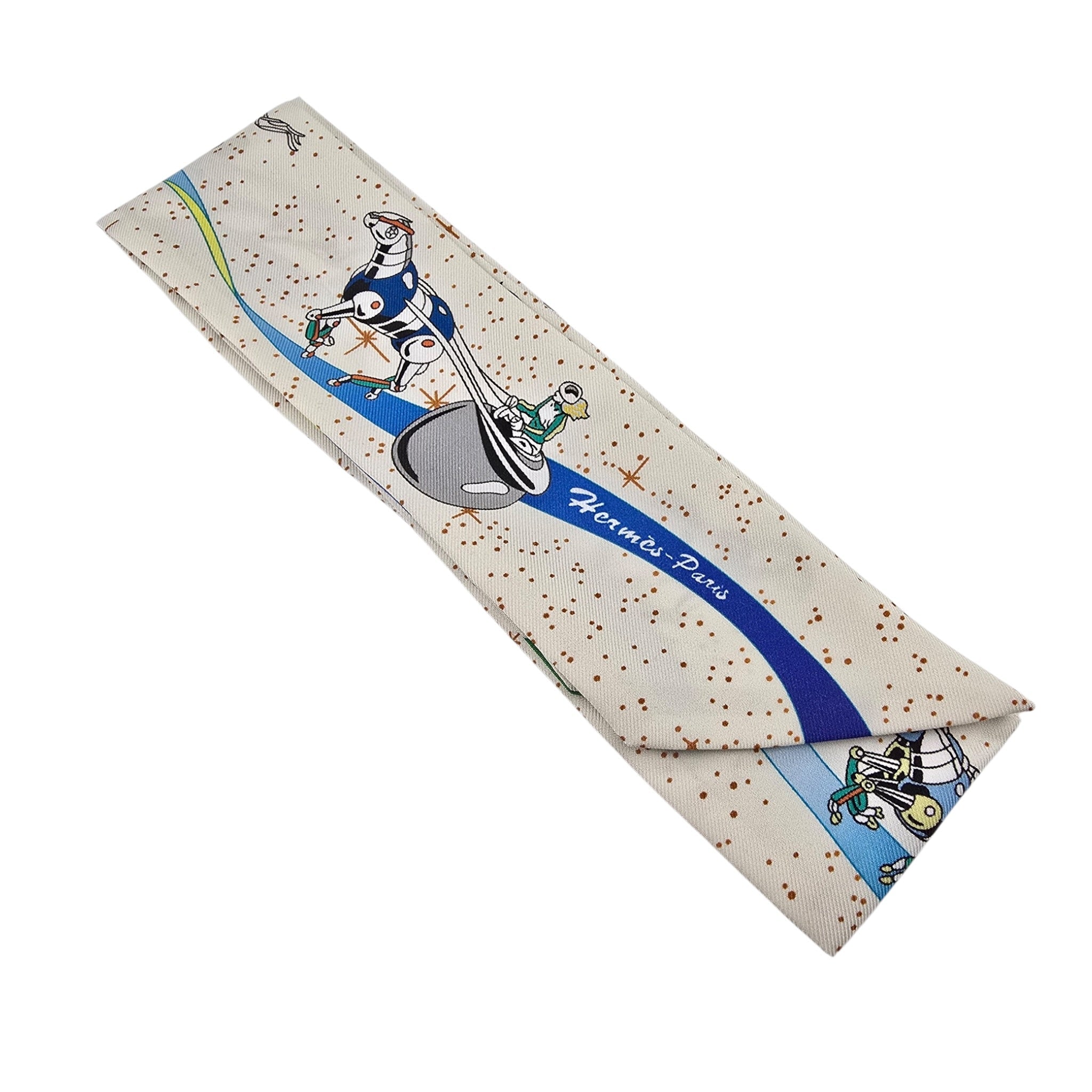 Hermes Silk Twilly  "Space Derby" Creme and Bleu Multi HERMES