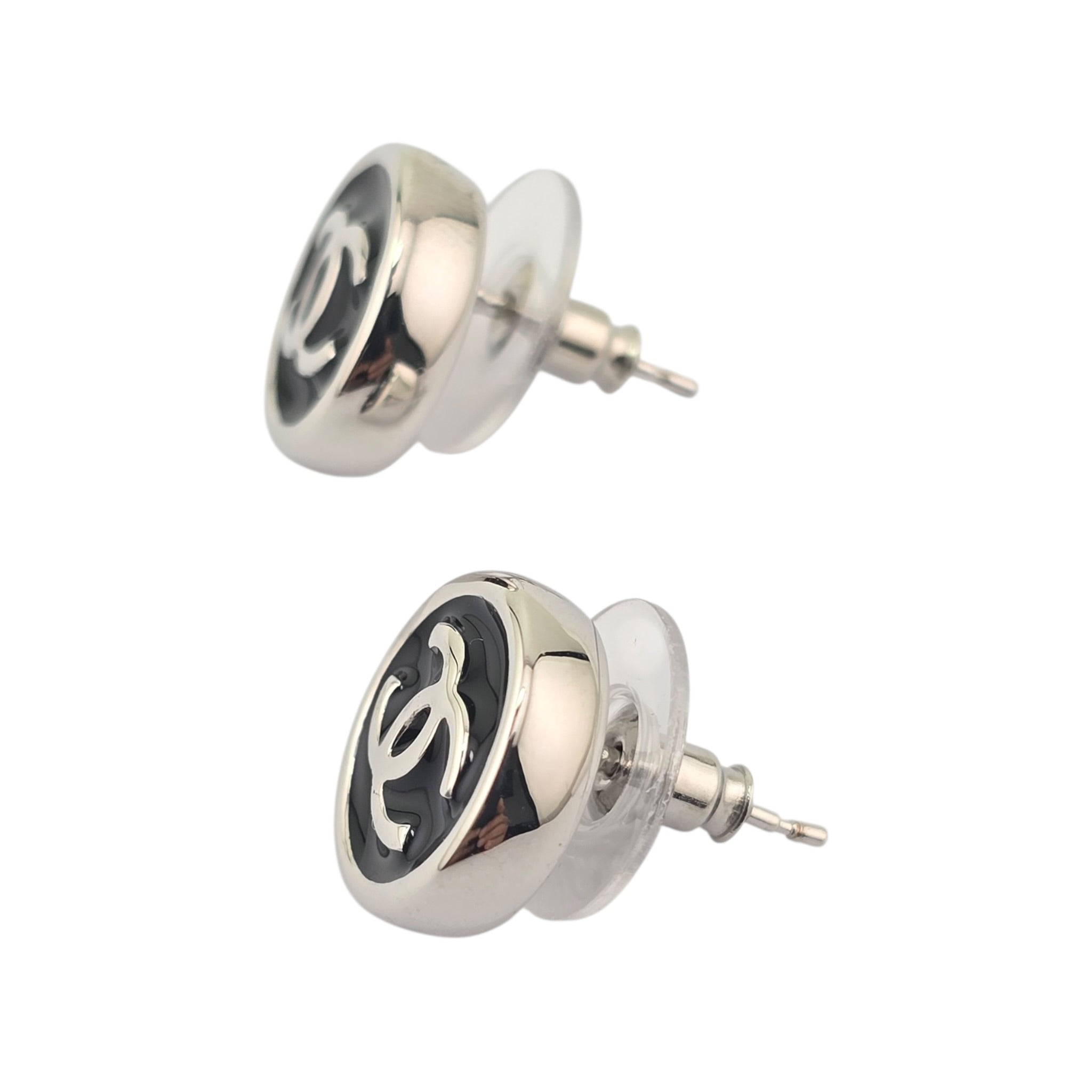 Chanel CC Round Black Silver Earrings 2026 CHANEL