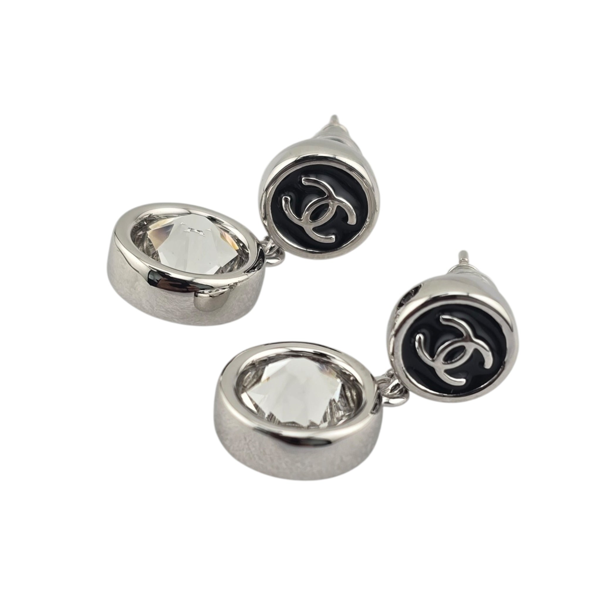 Chanel CC Round Black Drop Silver Earrings 2026 CHANEL
