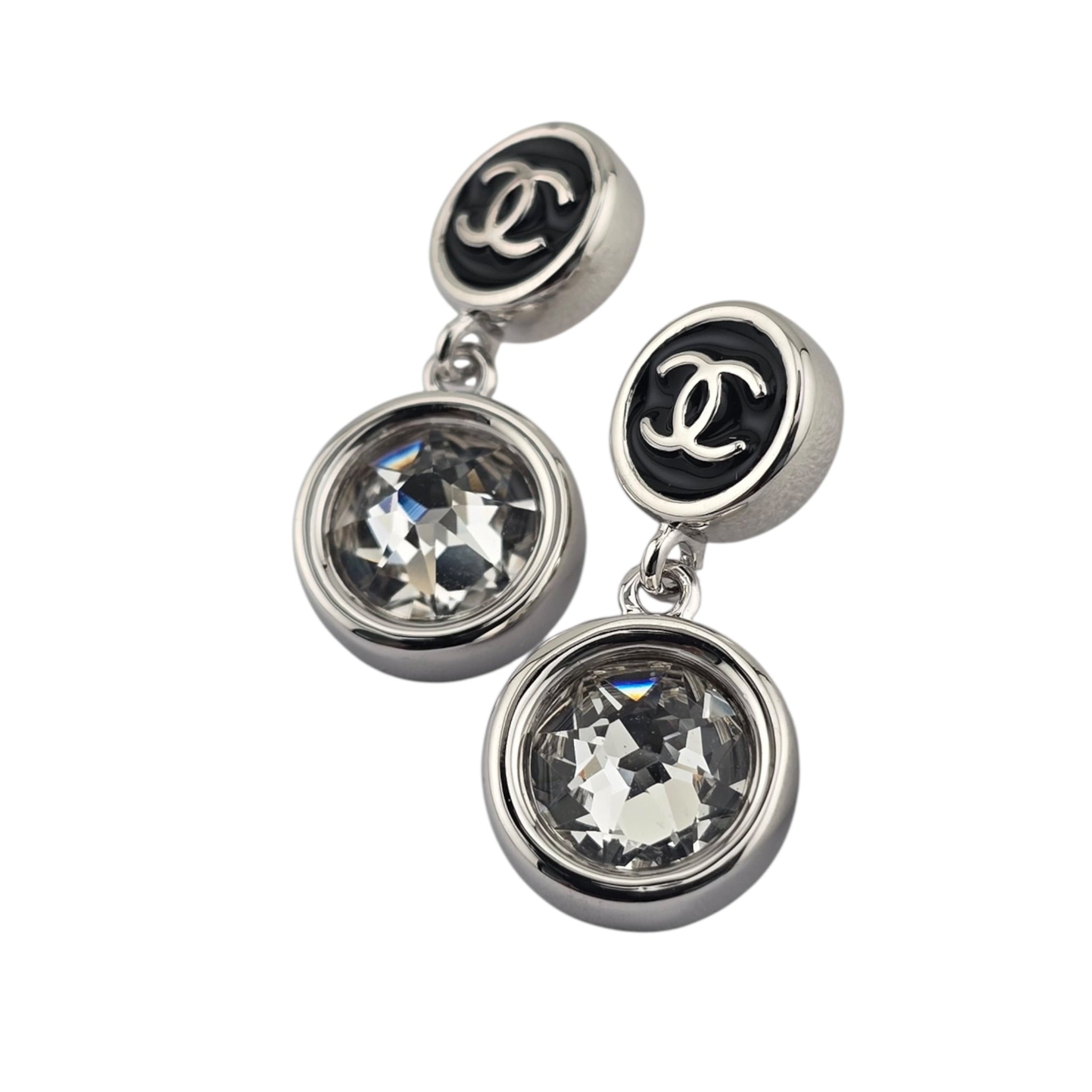Chanel CC Round Black Drop Silver Earrings 2026 CHANEL