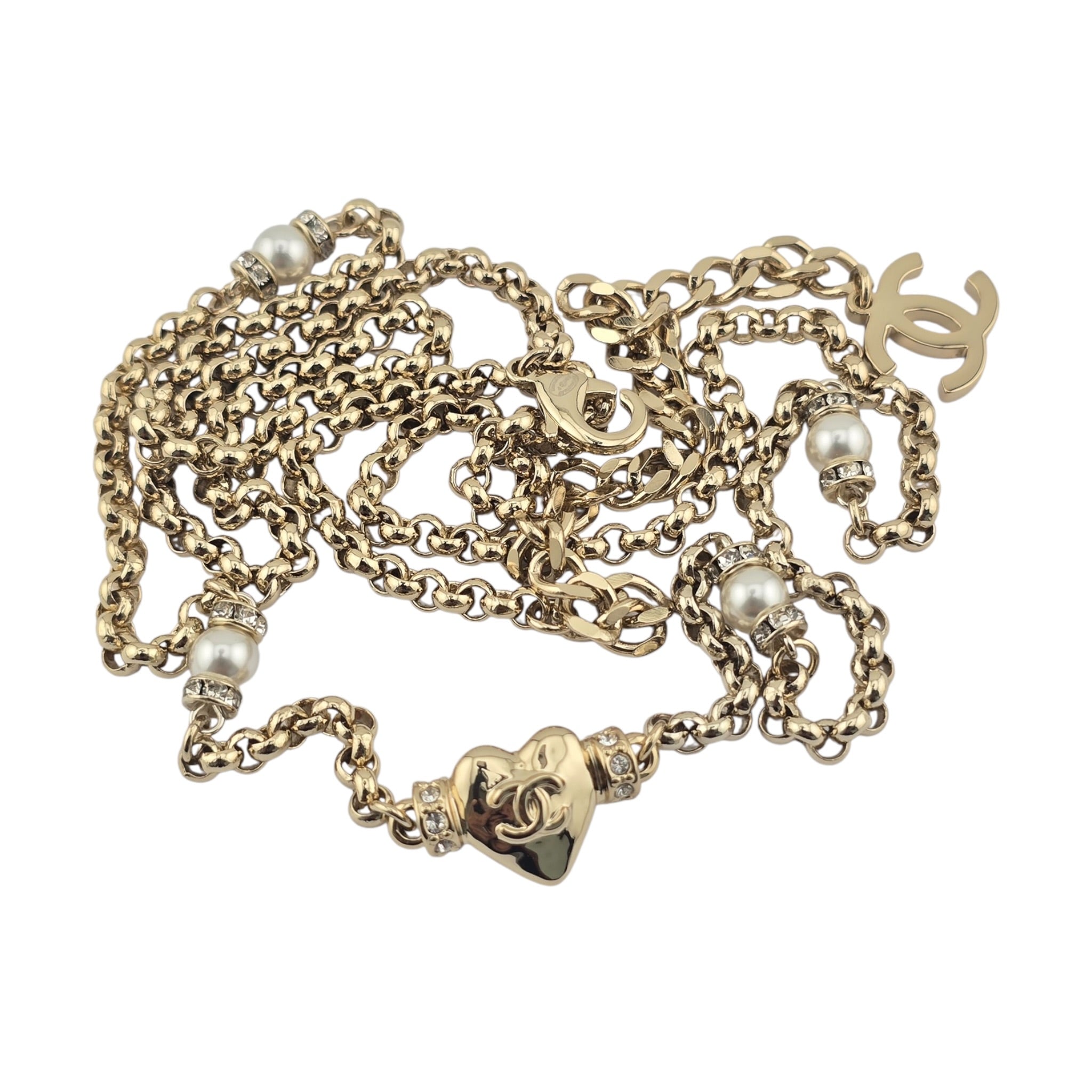 Chanel CC Gold Heart Crystal Pearl Necklace 2024 CHANEL