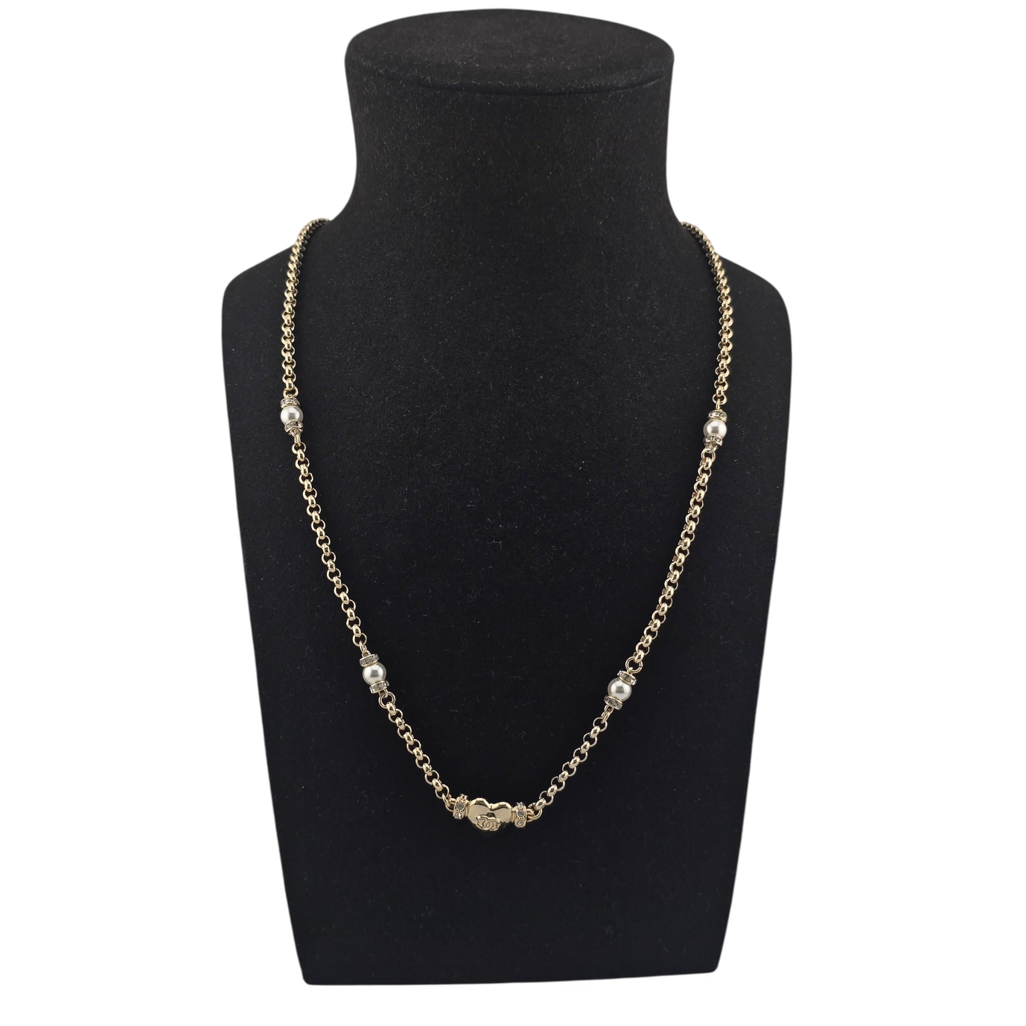Chanel CC Gold Heart Crystal Pearl Necklace 2024 CHANEL