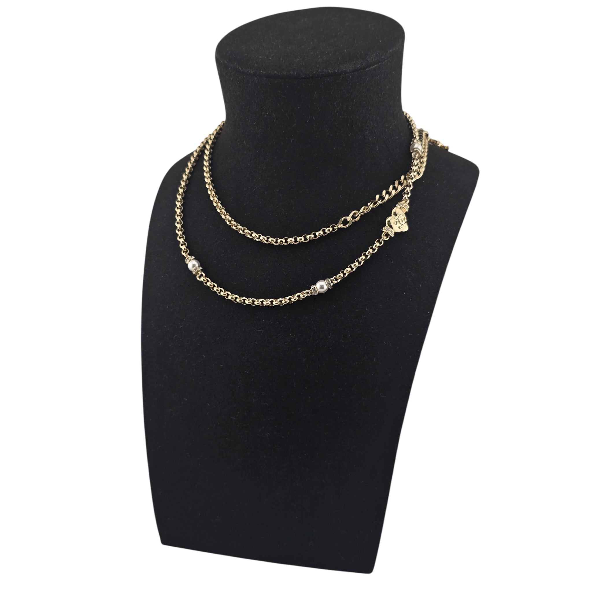 Chanel CC Gold Heart Crystal Pearl Necklace 2024 CHANEL