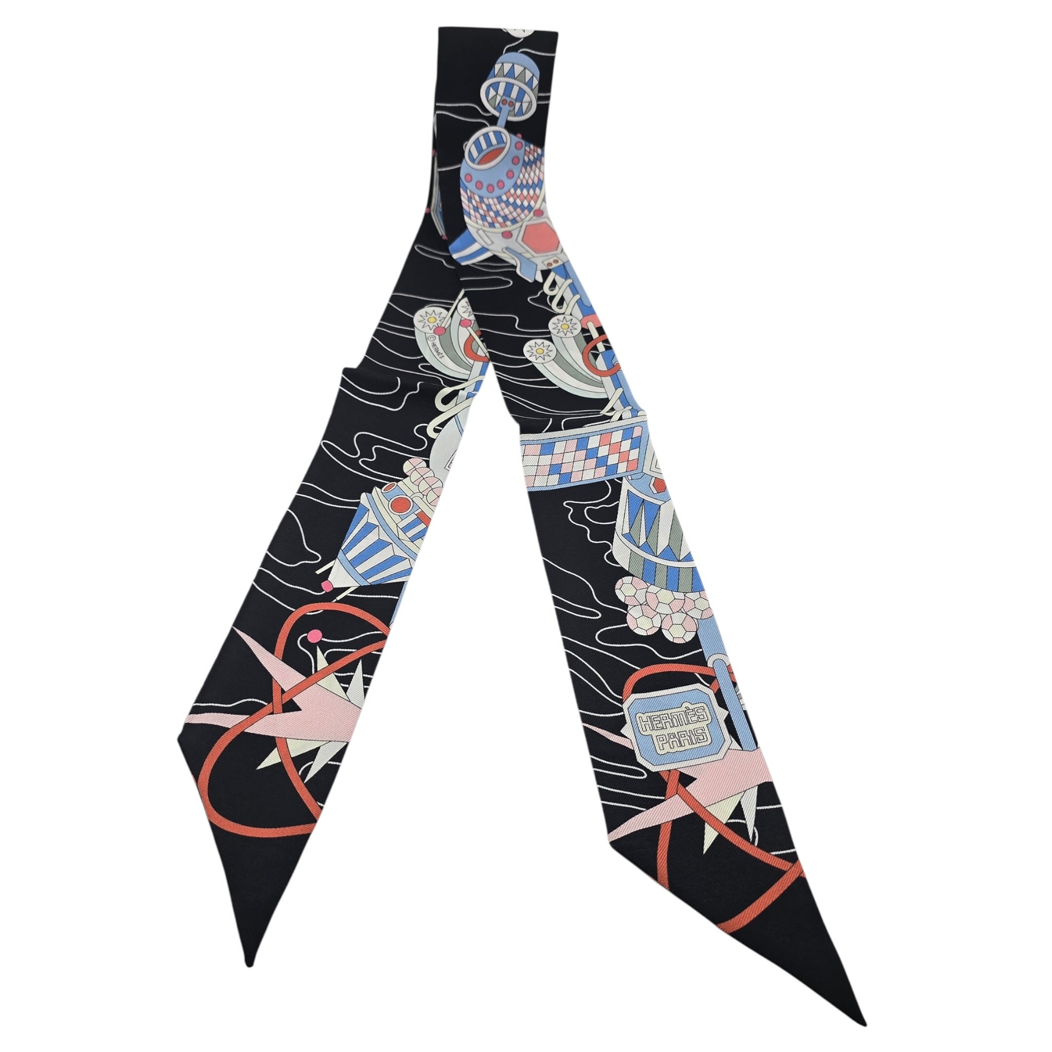 Hermes Silk Odyssey Twilly Black Bleu Ciel Rose HERMES