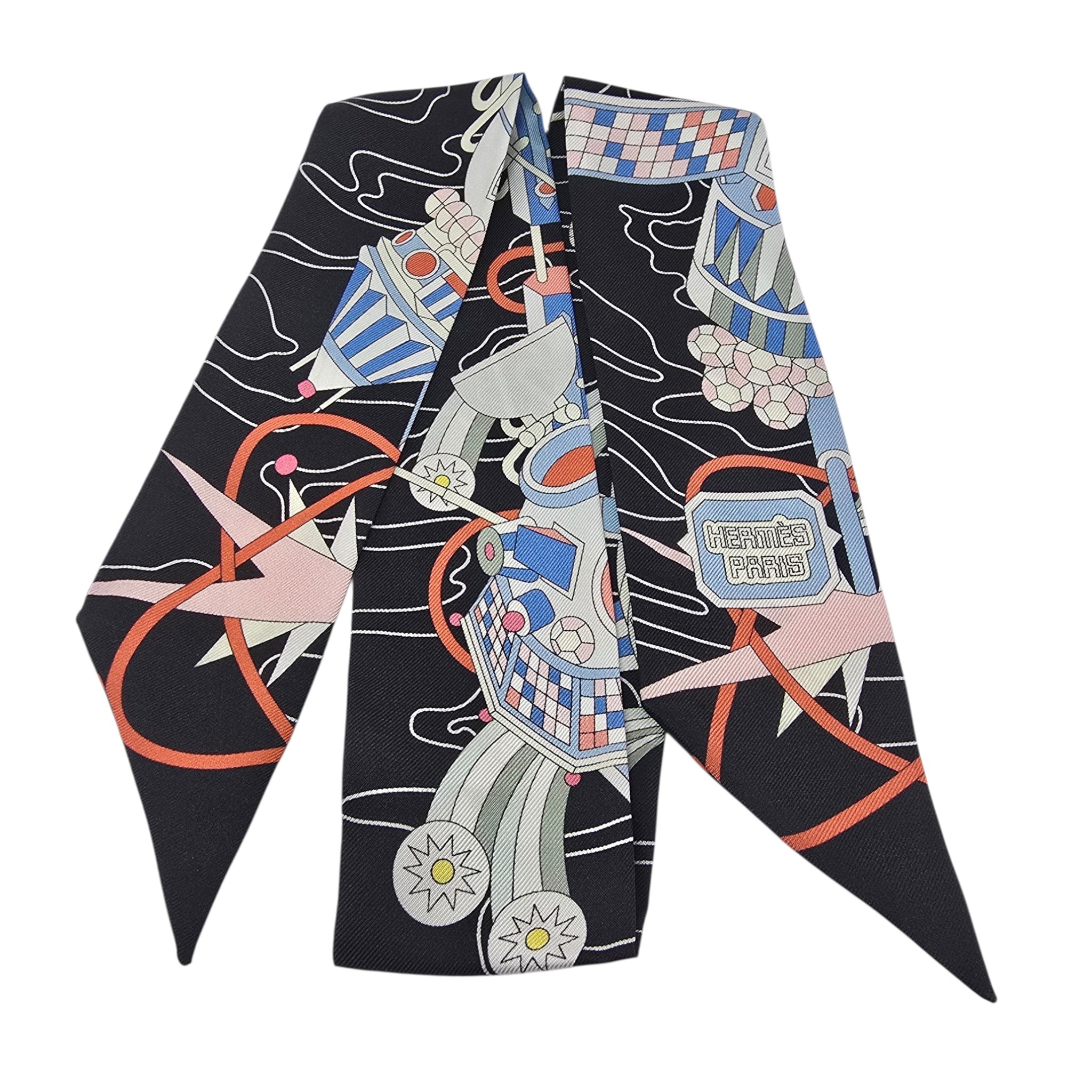 Hermes Silk Odyssey Twilly Black Bleu Ciel Rose HERMES