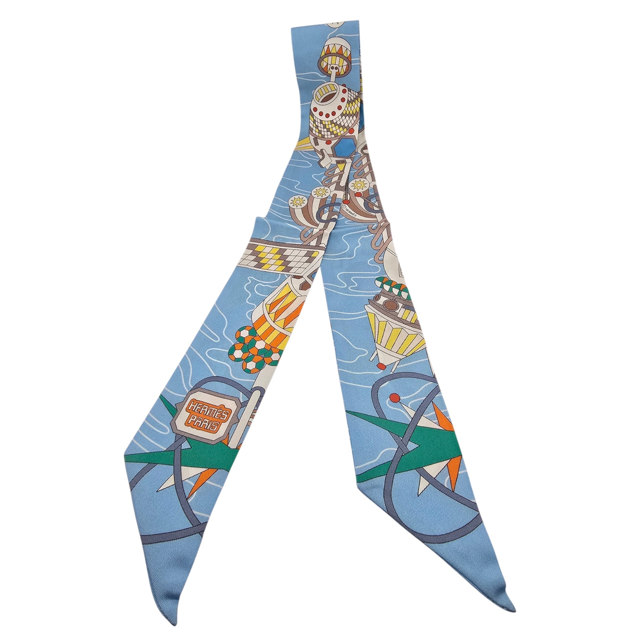 Hermes Silk Odyssey Twilly Beige Bleu Ciel Jaune Vif HERMES
