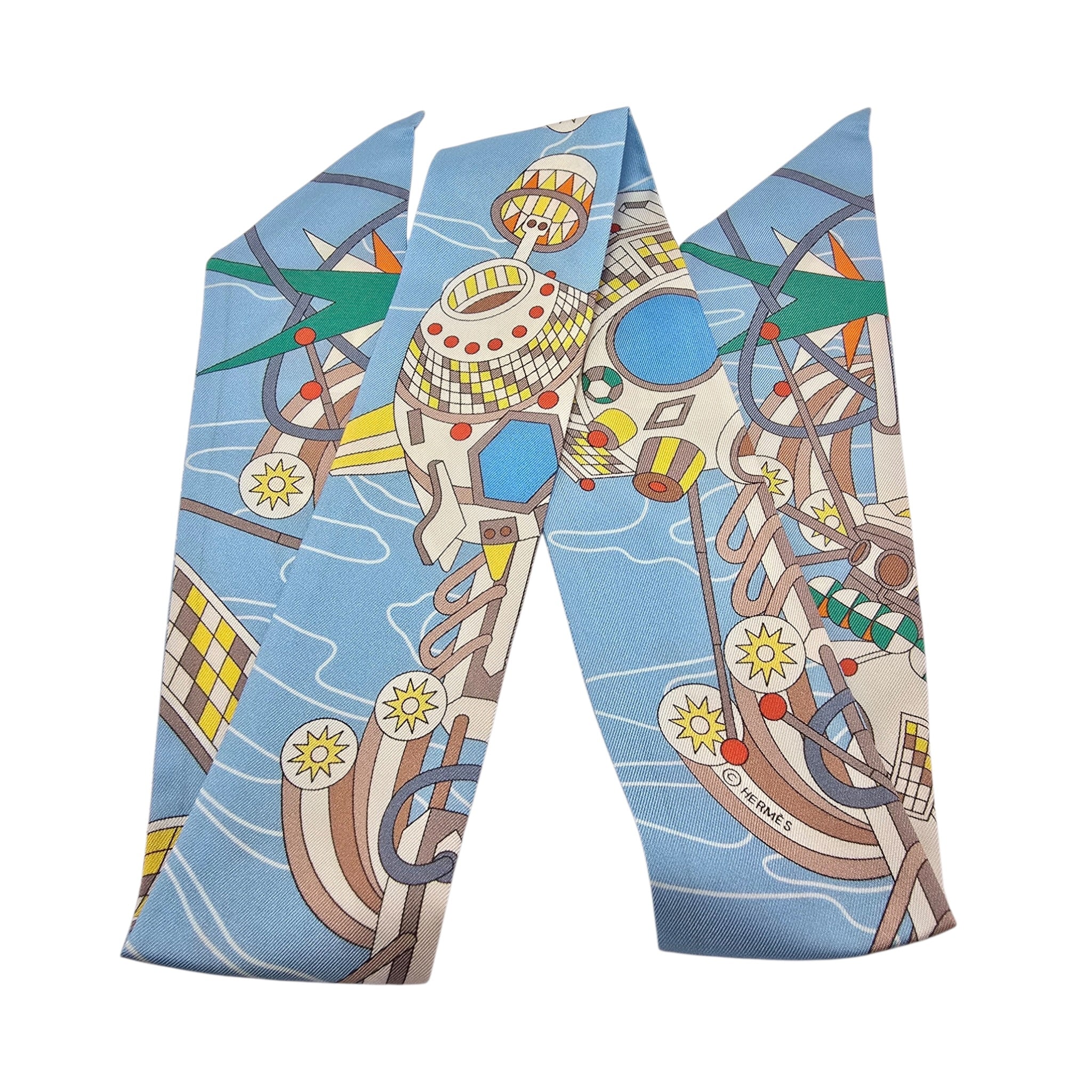 Hermes Silk Odyssey Twilly Beige Bleu Ciel Jaune Vif HERMES