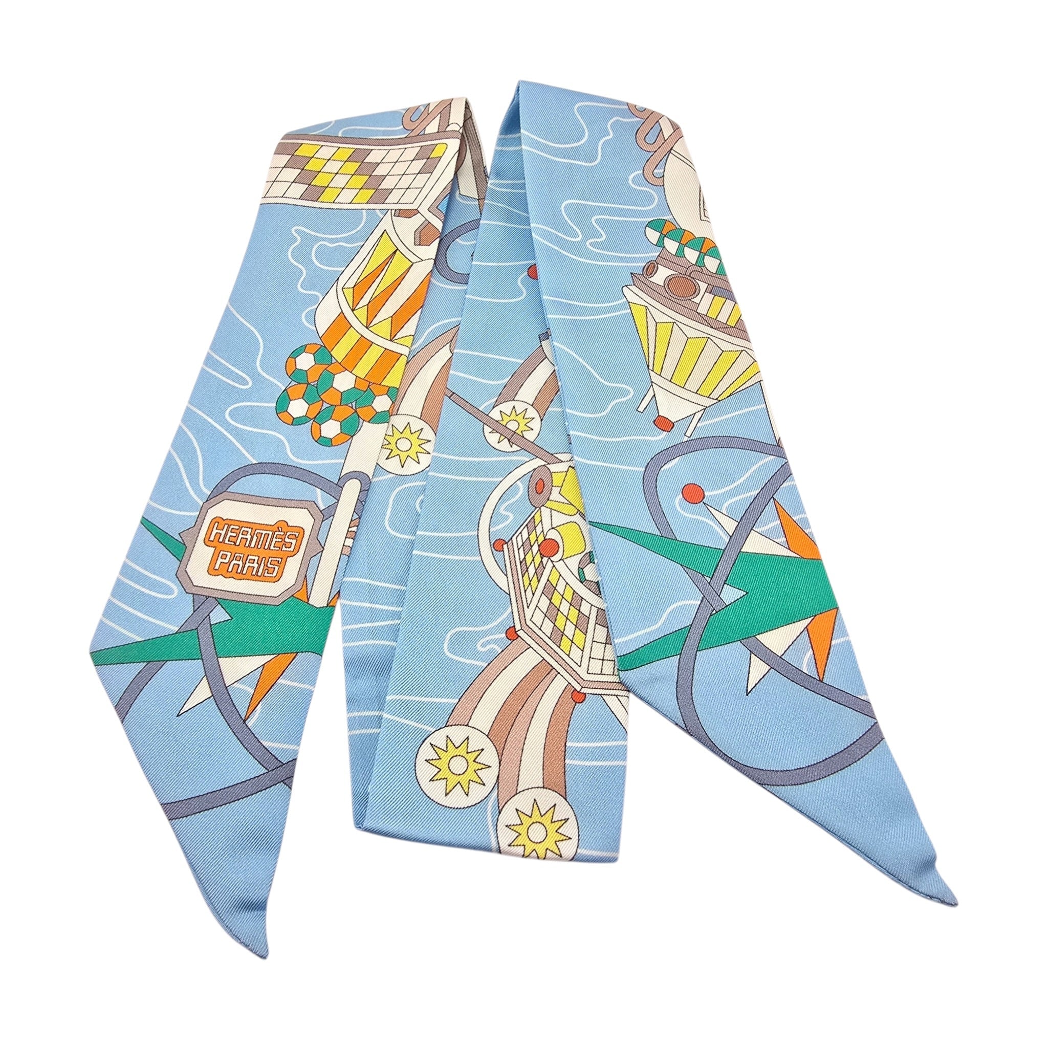 Hermes Silk Odyssey Twilly Beige Bleu Ciel Jaune Vif HERMES