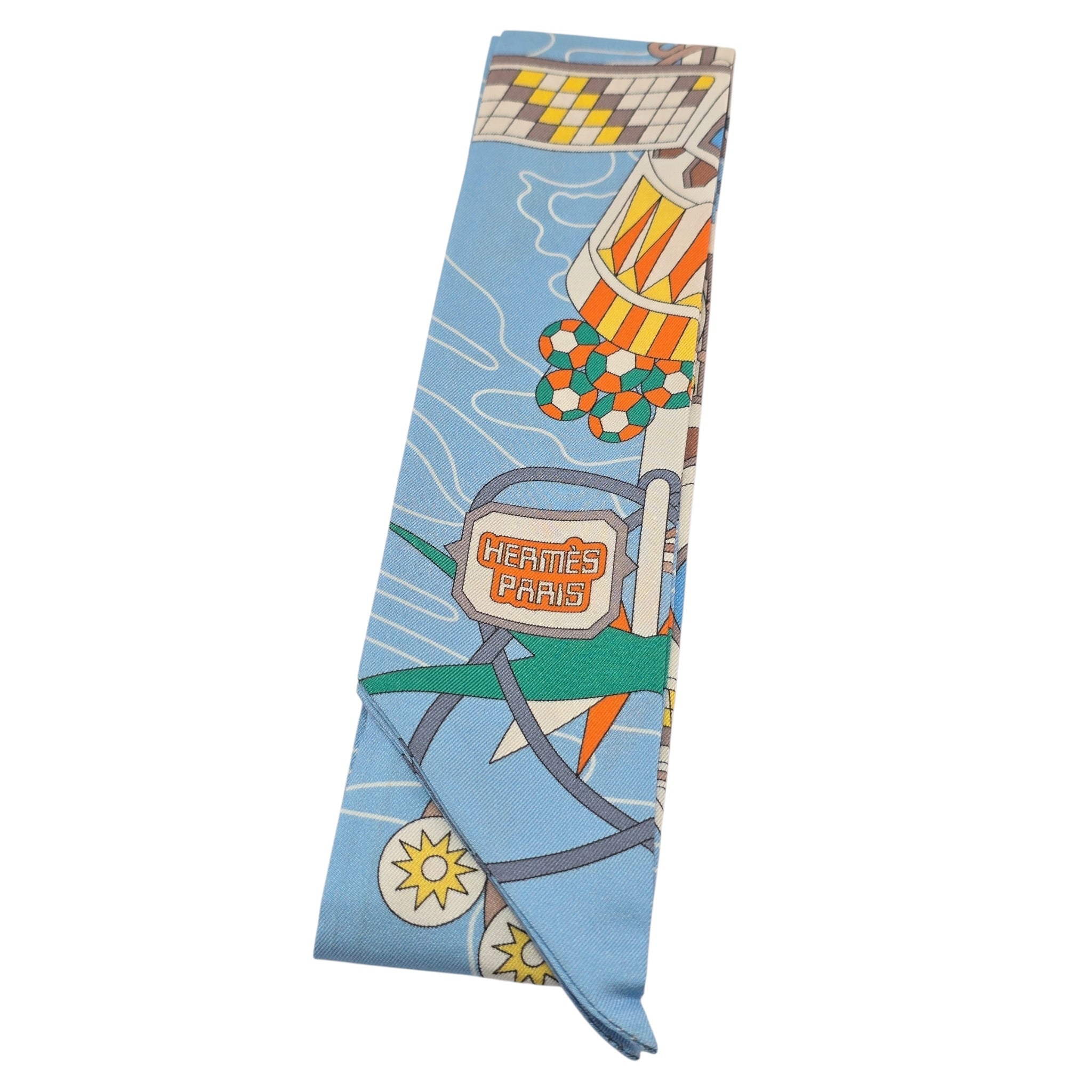 Hermes Silk Odyssey Twilly Beige Bleu Ciel Jaune Vif HERMES